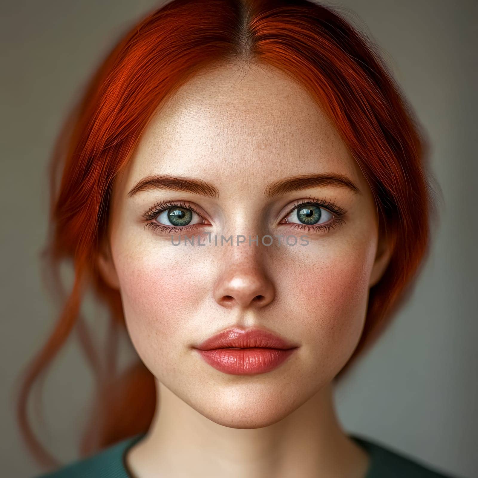 Close up portrait of a young redhead caucasian woman with freckles, showcasing her natural beauty and radiant complexion against a neutral background