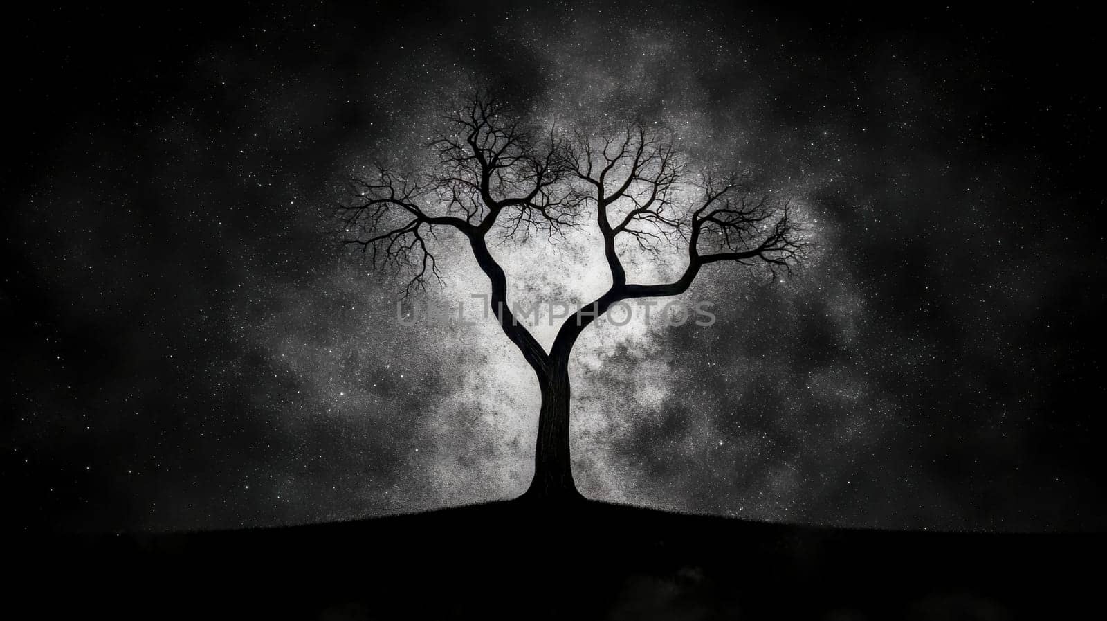 Black and white portrayal of a barren tree, silhouetted against a starry night sky, evokes a dramatic and mysterious atmosphere filled with intrigue and solitude