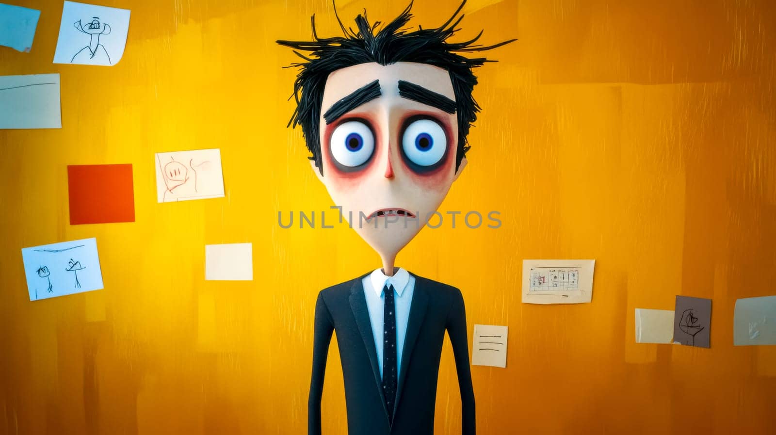 Stylized 3d character representing a stressed businessman, worried in front of a yellow wall filled with notes and children's drawings, highlighting work life balance challenges