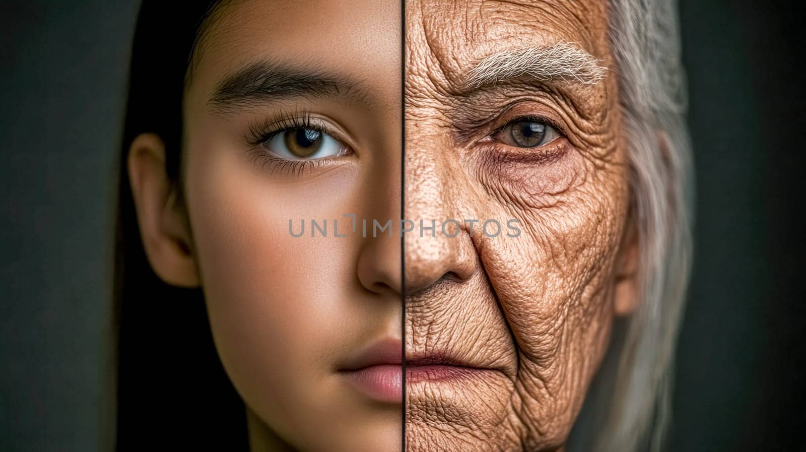 Split portrait capturing the contrasting halves of a woman's face, representing the aging process and the passage of time through different life stages, highlighting beauty and transformation