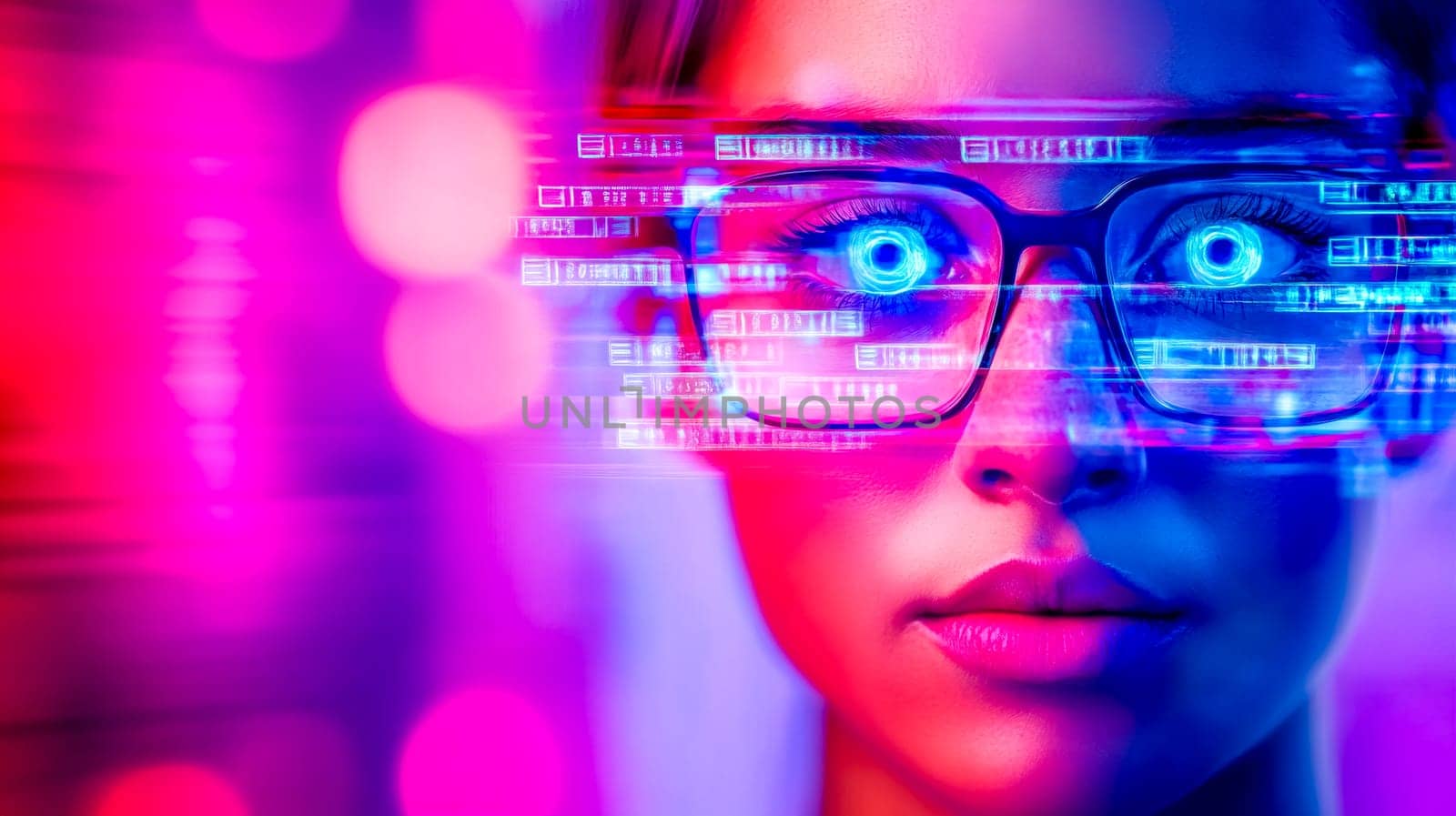 Close up of a woman wearing glasses interacting with augmented reality, featuring a futuristic glowing captcha code in a vibrant, neon lit environment