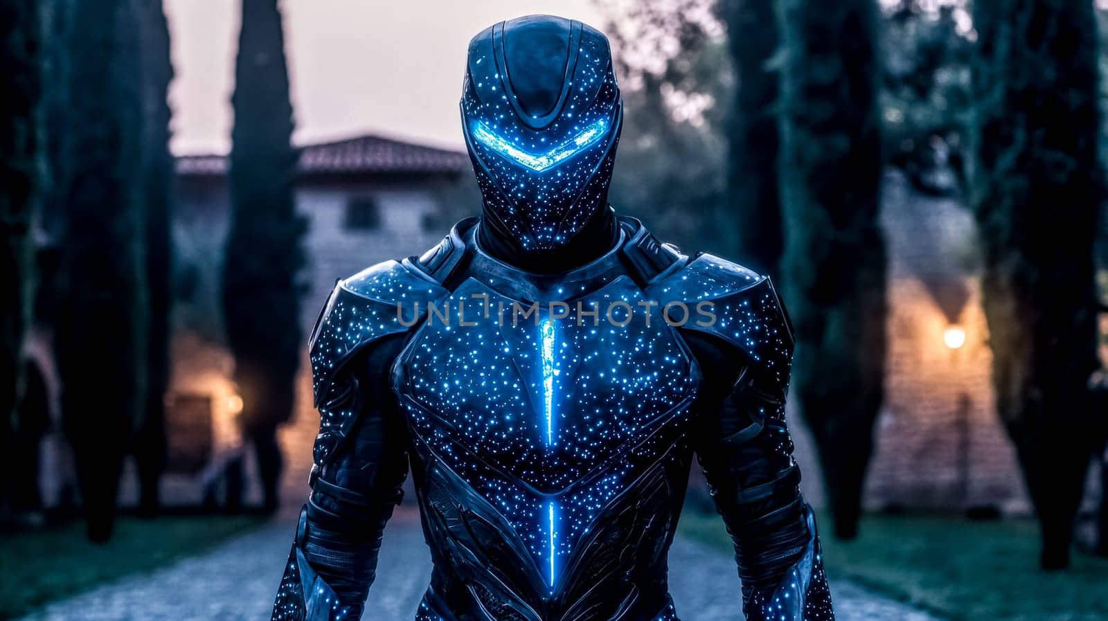 Futuristic knight clad in glowing armor stands amidst a medieval landscape, showcasing a striking contrast between advanced technology and traditional history
