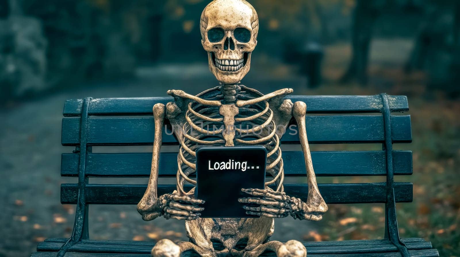 Skeleton is patiently sitting on a park bench, holding a tablet displaying a loading screen, symbolizing the endless wait or the afterlife's slow internet connection