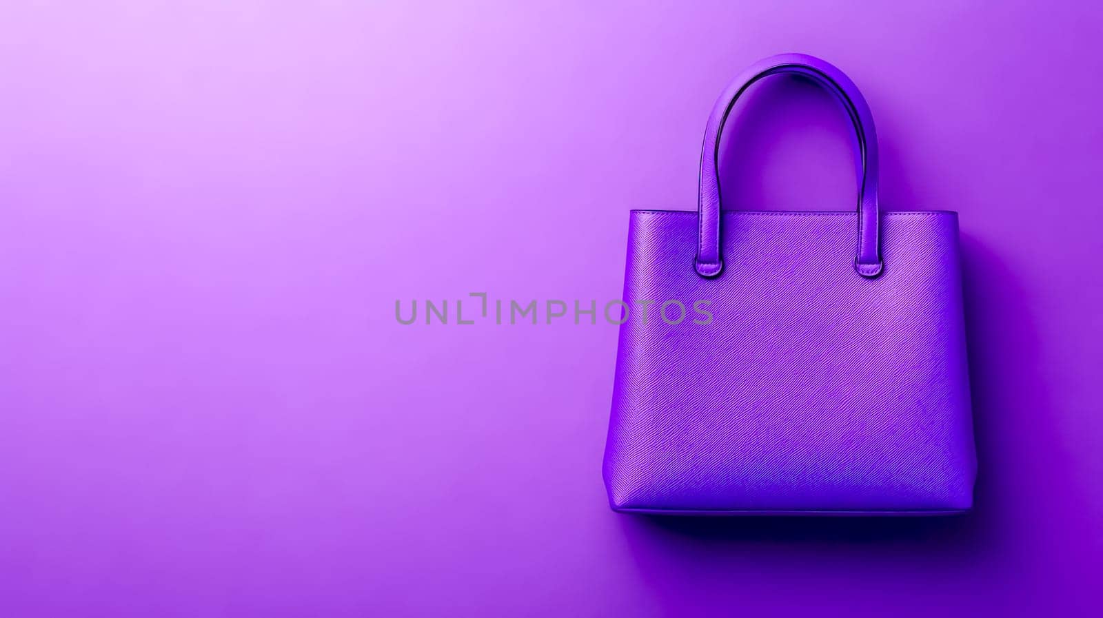 Purple handbag resting elegantly on a coordinating purple background, creating a vibrant and stylish minimalist fashion composition that exudes modern sophistication and chic appeal
