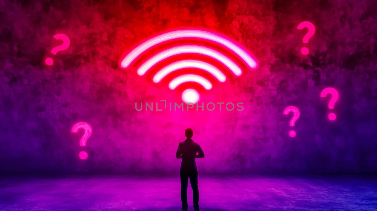 Businessman standing in futuristic room looking at glowing wifi symbol and question marks on a red and purple background representing internet problems, wireless connection and network availability