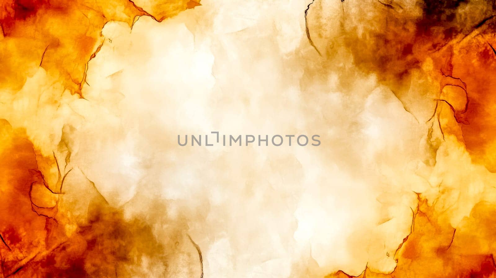 Abstract orange and yellow watercolor background creating a soft and dreamy atmosphere with a central bright area surrounded by darker shades, ideal for backgrounds, textures, and artistic projects