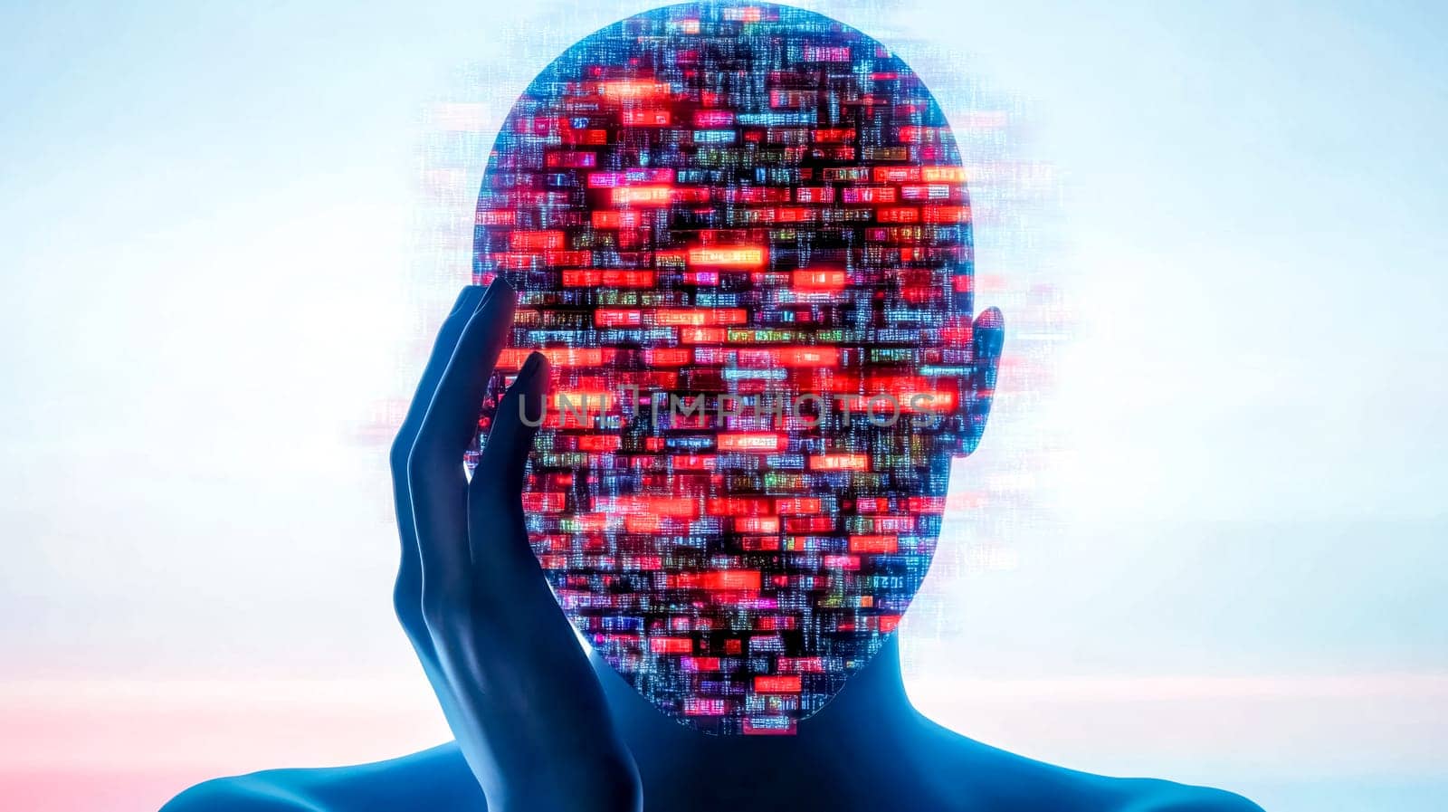 Colorful data stream flowing through humanoid robot's head, symbolizing information overload in digital age, highlighting challenges of artificial intelligence and big data management