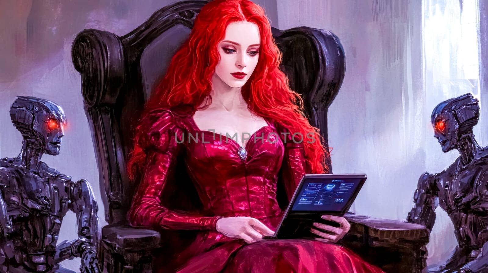 Princess with long, red hair sits on a throne, using a futuristic tablet while two robots, with glowing red eyes, assist her in her technologically advanced kingdom