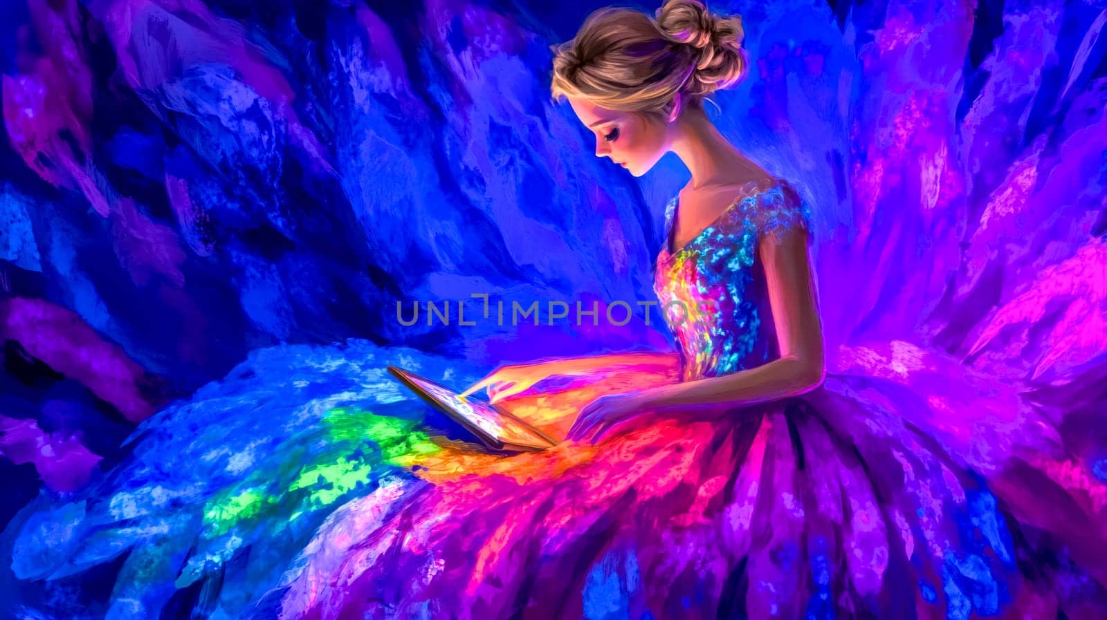 Fashion designer is using a tablet, sketching innovative dress designs while sitting gracefully amidst a vibrant, magical backdrop with glowing neon colors