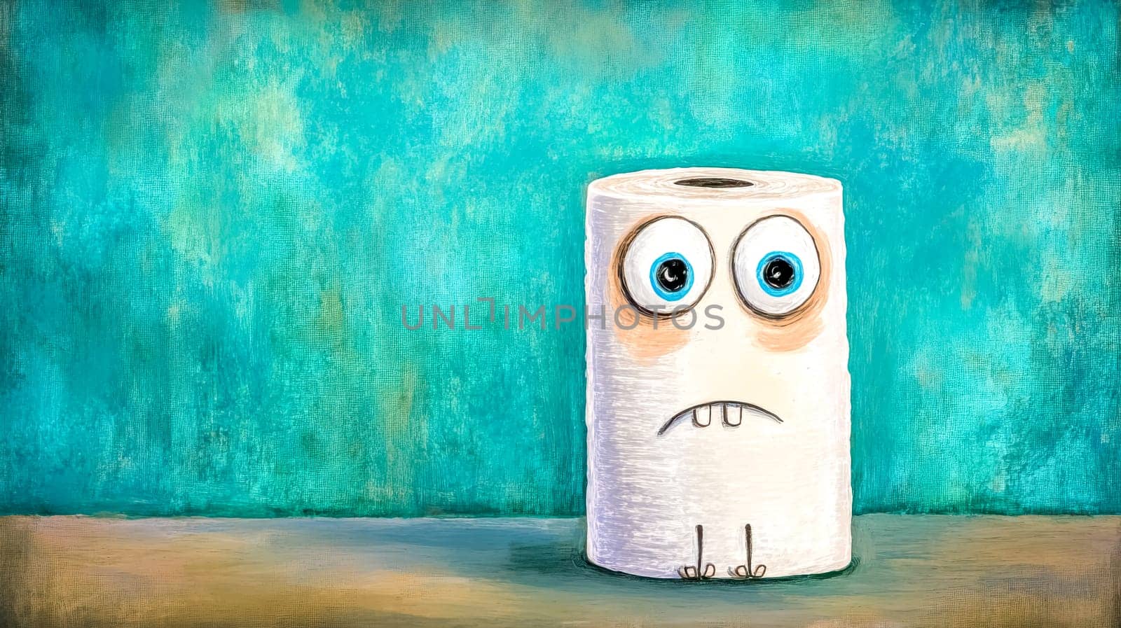 Comical illustration of a toilet paper roll with big, worried eyes and a downturned mouth, standing on a wooden surface against a textured teal background, conveys a sense of fear and anxiety