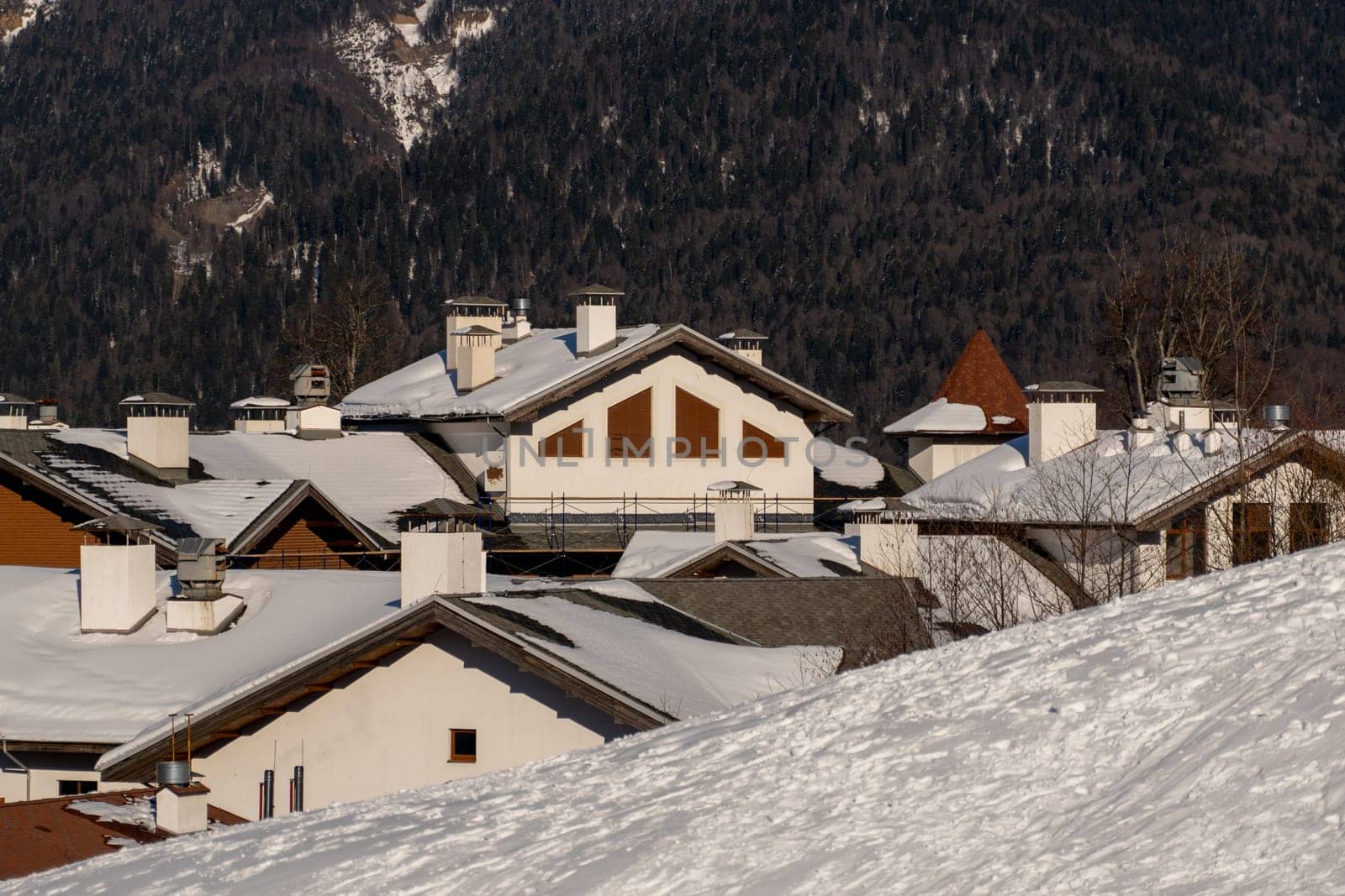 Snow-covered chalet rooftops and chimneys against a mountainous backdrop. Winter scene.