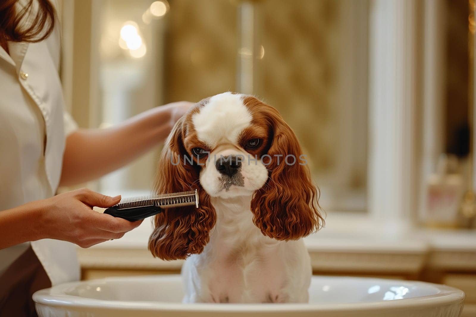 A Cavalier King Charles Spaniel sits in a bathtub while being groomed by a person. The warm indoor lighting creates a relaxing atmosphere for the dog.