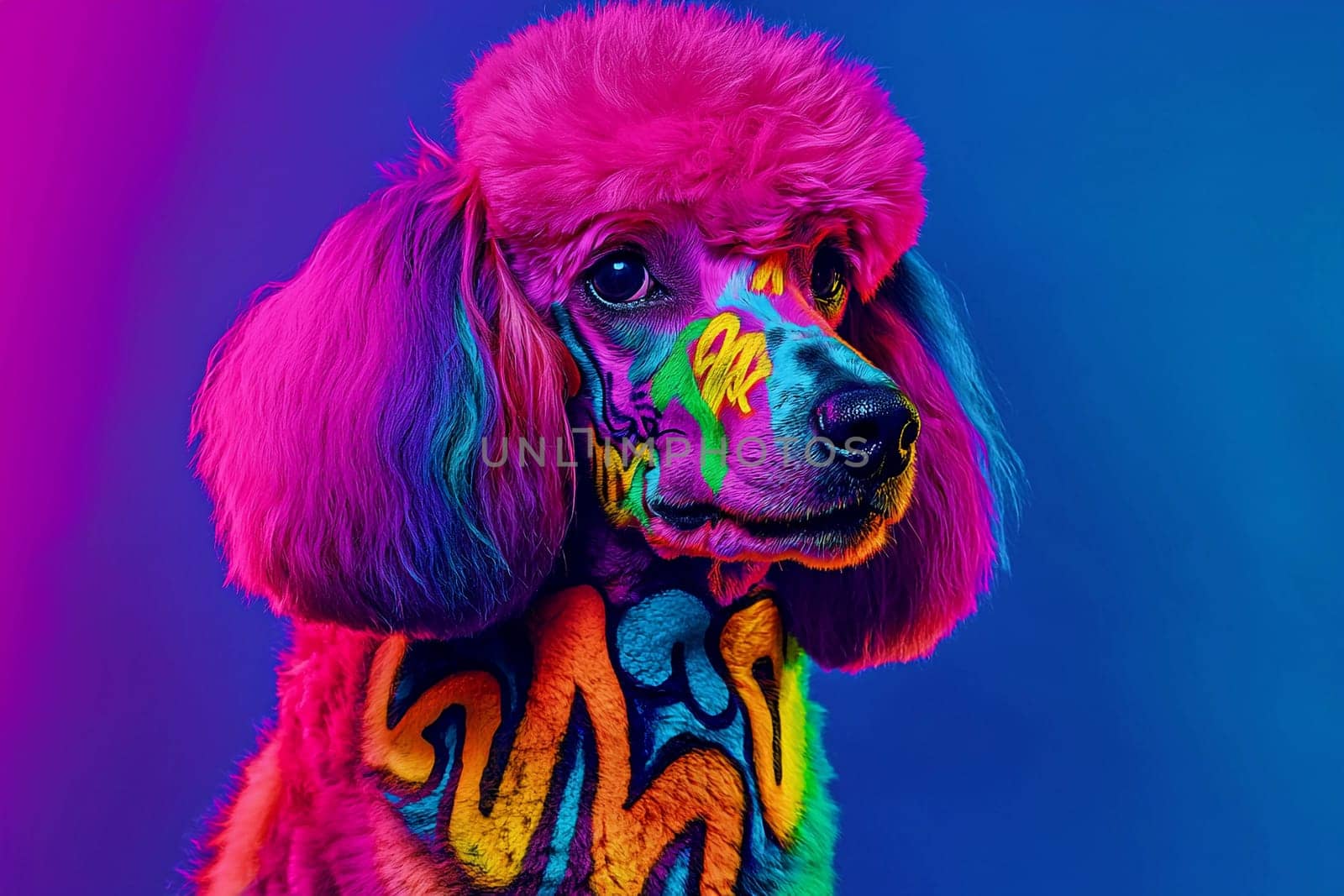 A poodle showcases artistic fur designs with bright colors, set against a vivid backdrop in a creative studio.