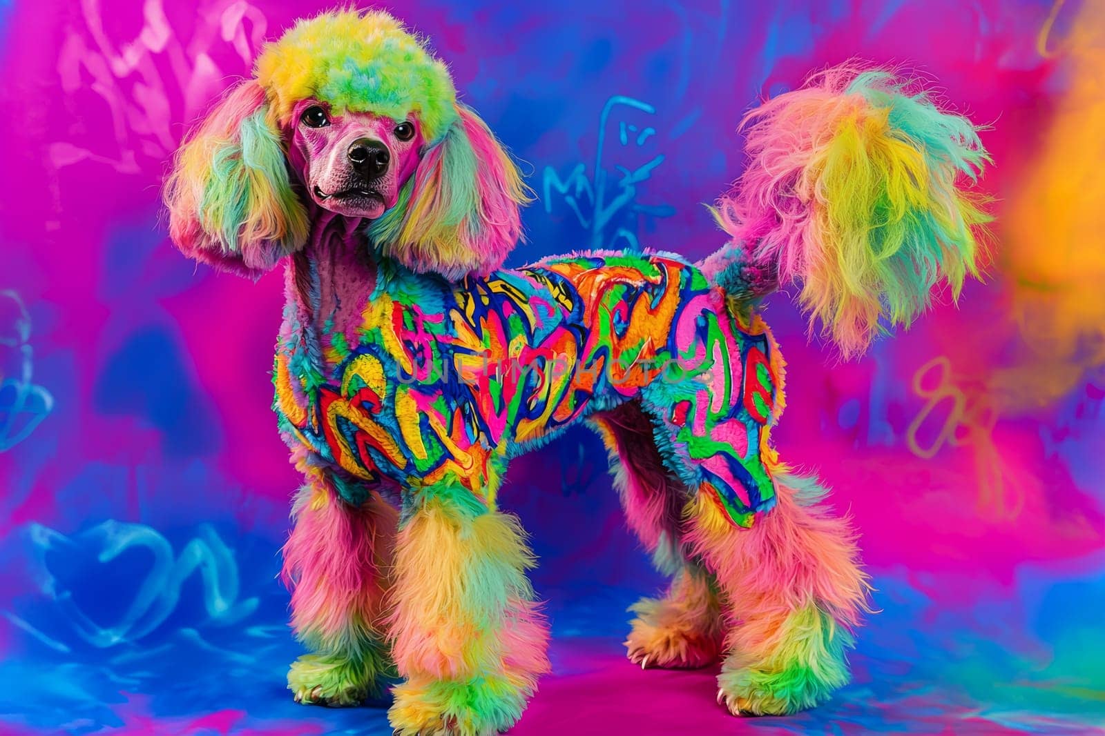 A lively poodle showcases an artistic and colorful fur design, standing proudly against a vivid, abstract backdrop at a pet grooming event, emphasizing creativity and fun in pet styling.