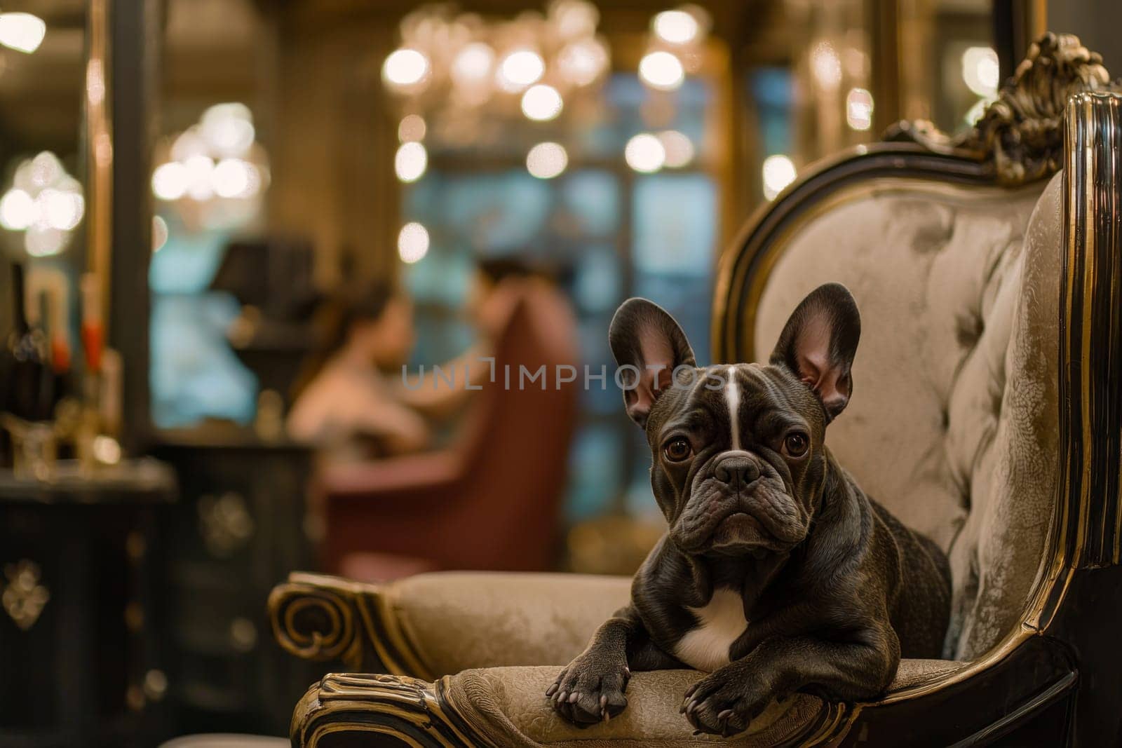A French Bulldog sits comfortably on an ornate chair in a chic salon. A stylist works on a client's hair in the background amidst elegant decor and warm lighting.