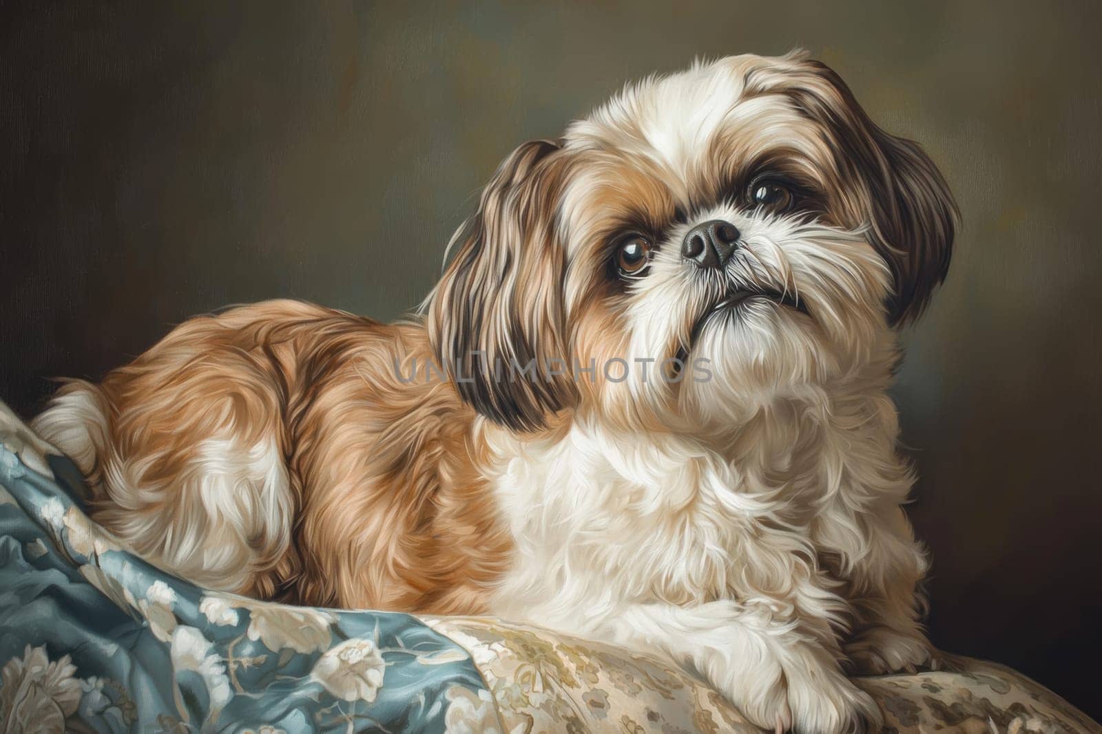 A small, fluffy dog with light brown and white fur comfortably rests on a decorative fabric. The cozy indoor atmosphere is brightened by natural light.