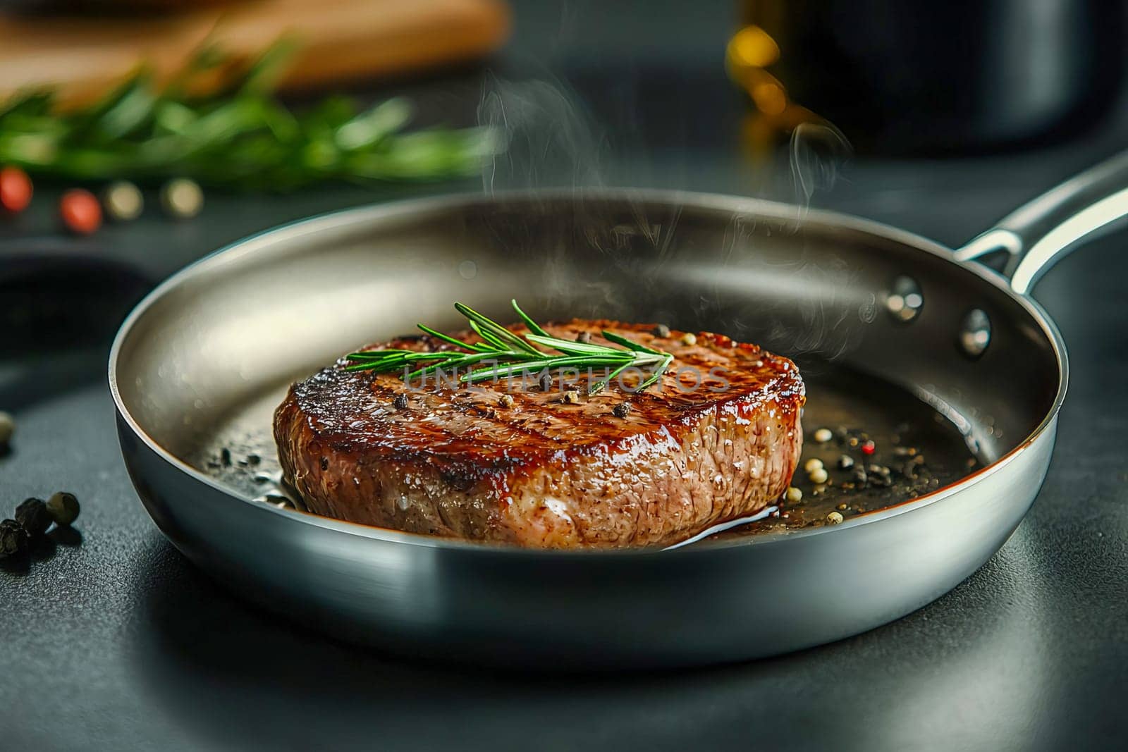 Close-up of a juicy grilled steak in a pan, topped with fresh rosemary and a sprinkle of peppercorns. AI generated.
