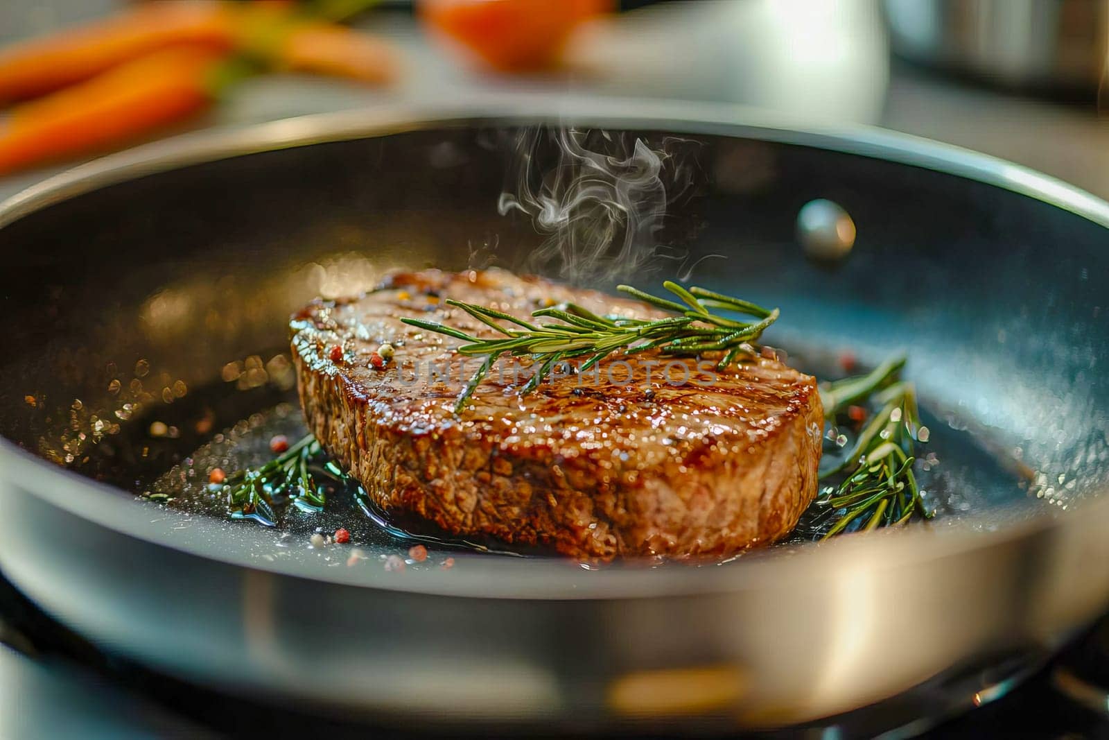Close-up of a juicy grilled steak in a pan, topped with fresh rosemary and a sprinkle of peppercorns. AI generated.
