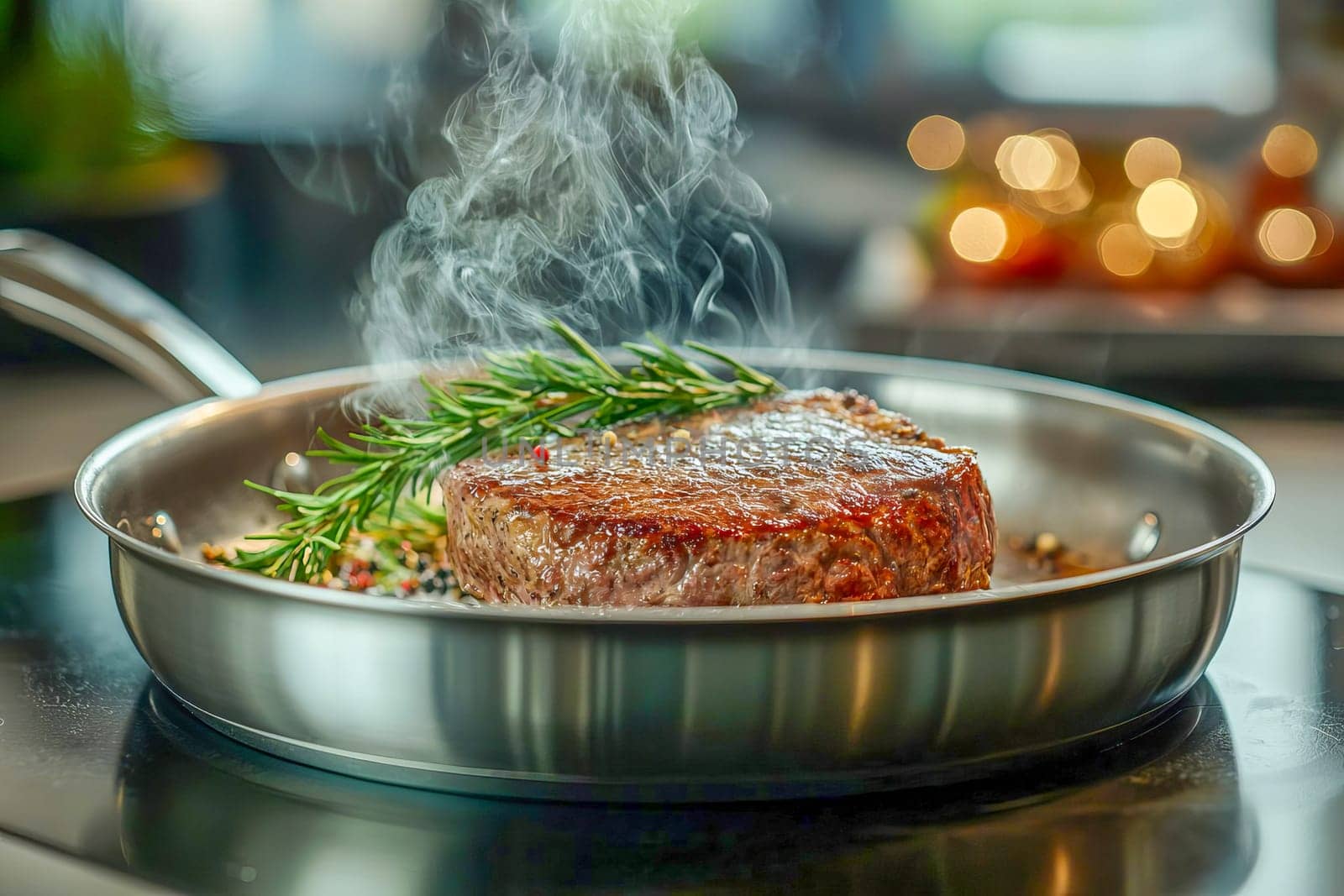Close-up of a juicy grilled steak in a pan, topped with fresh rosemary and a sprinkle of peppercorns. AI generated.