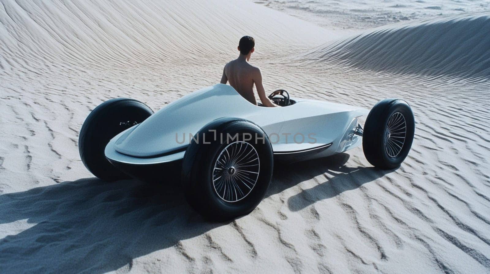 Futuristic car climbs a grassy hill at sunset, driven by a man exuding freedom and adventure. The scene captures modern design, luxury, and speed, perfect for conveying ambition and achievement
