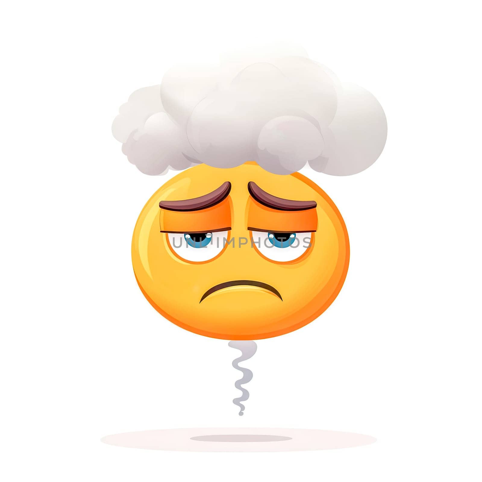 3d rendering of a sad yellow emoji with blue eyes and brown eyebrows floating with a gray cloud over its head, conveying a sense of gloom and bad mood