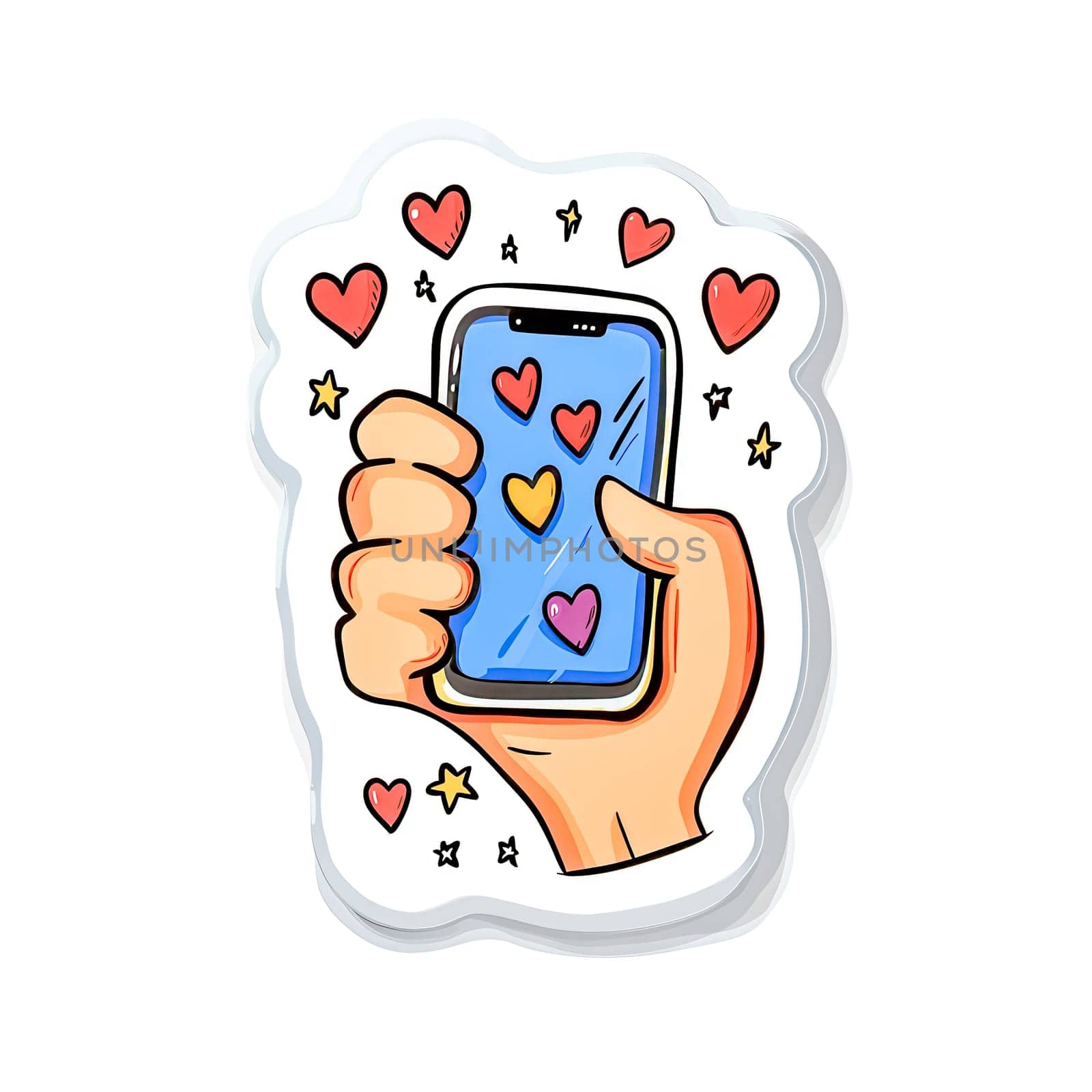 Cartoon sticker of a hand holding a smartphone with hearts floating on the screen, symbolizing online dating, social media engagement, or positive feedback