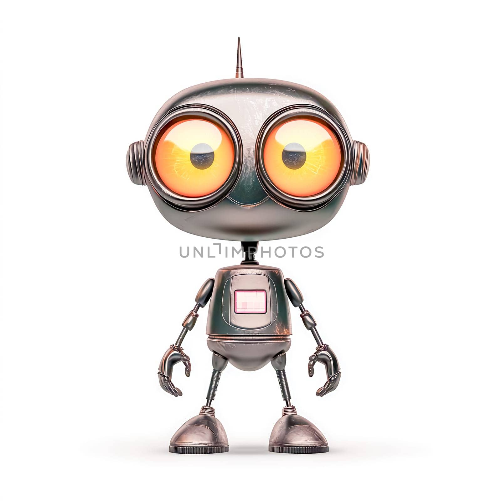 Charming, old fashioned toy robot stands on a white background, its large, glowing eyes adding a touch of friendliness to its metallic form