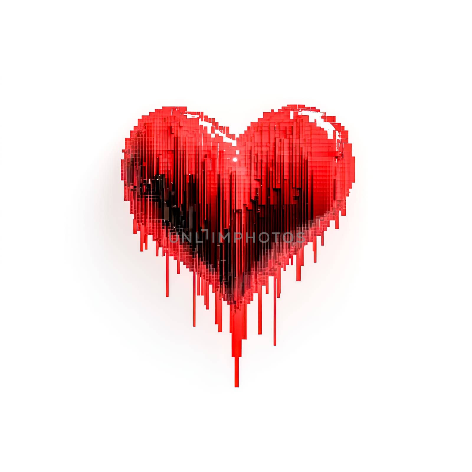 Pixelated red heart is melting, creating a visually striking effect against a clean white backdrop, suggesting themes of love, loss, and digital art