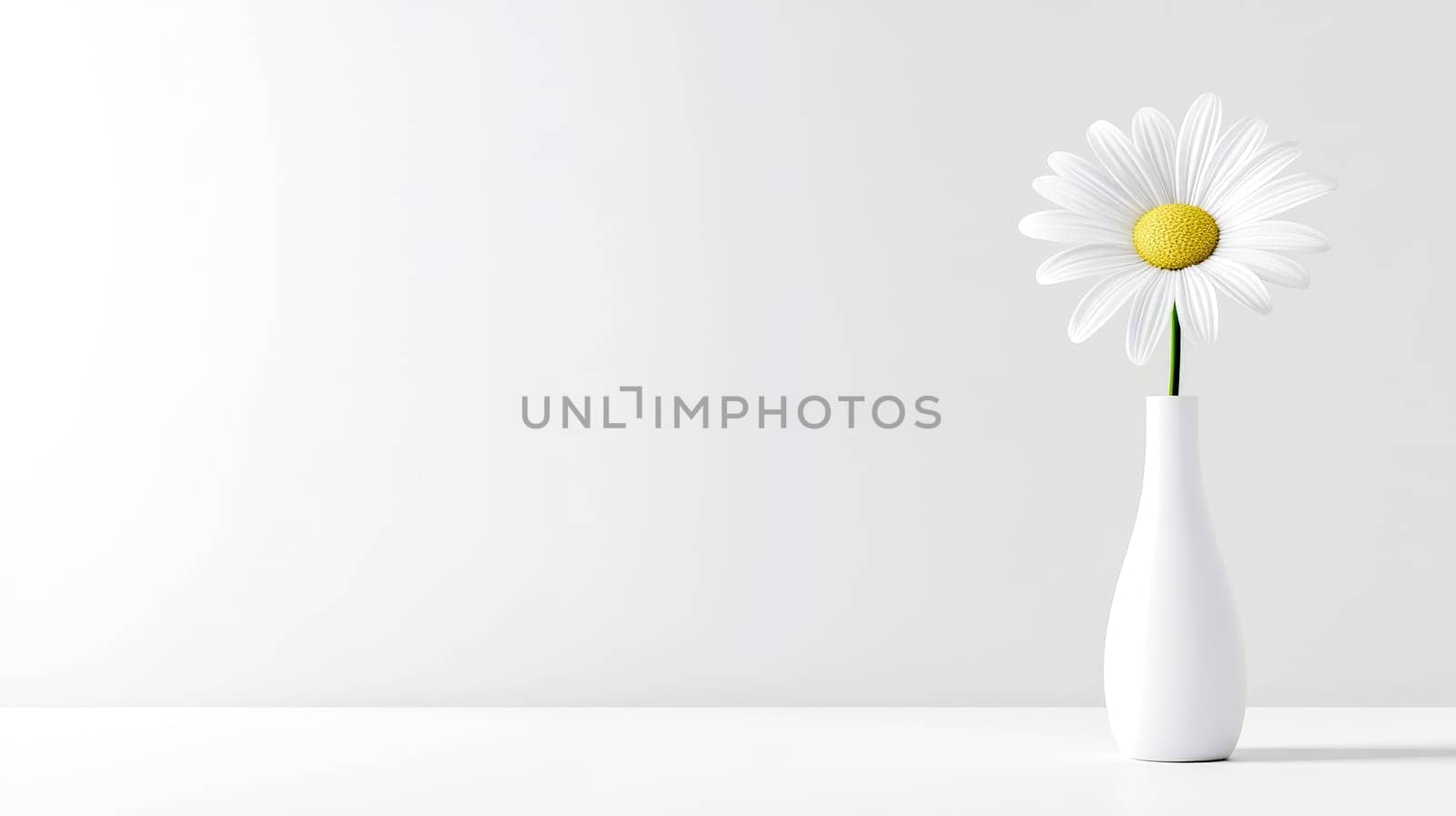 Simple white vase holding a delicate white flower with a yellow center sits on a white surface against a white wall, creating a minimalist and serene composition