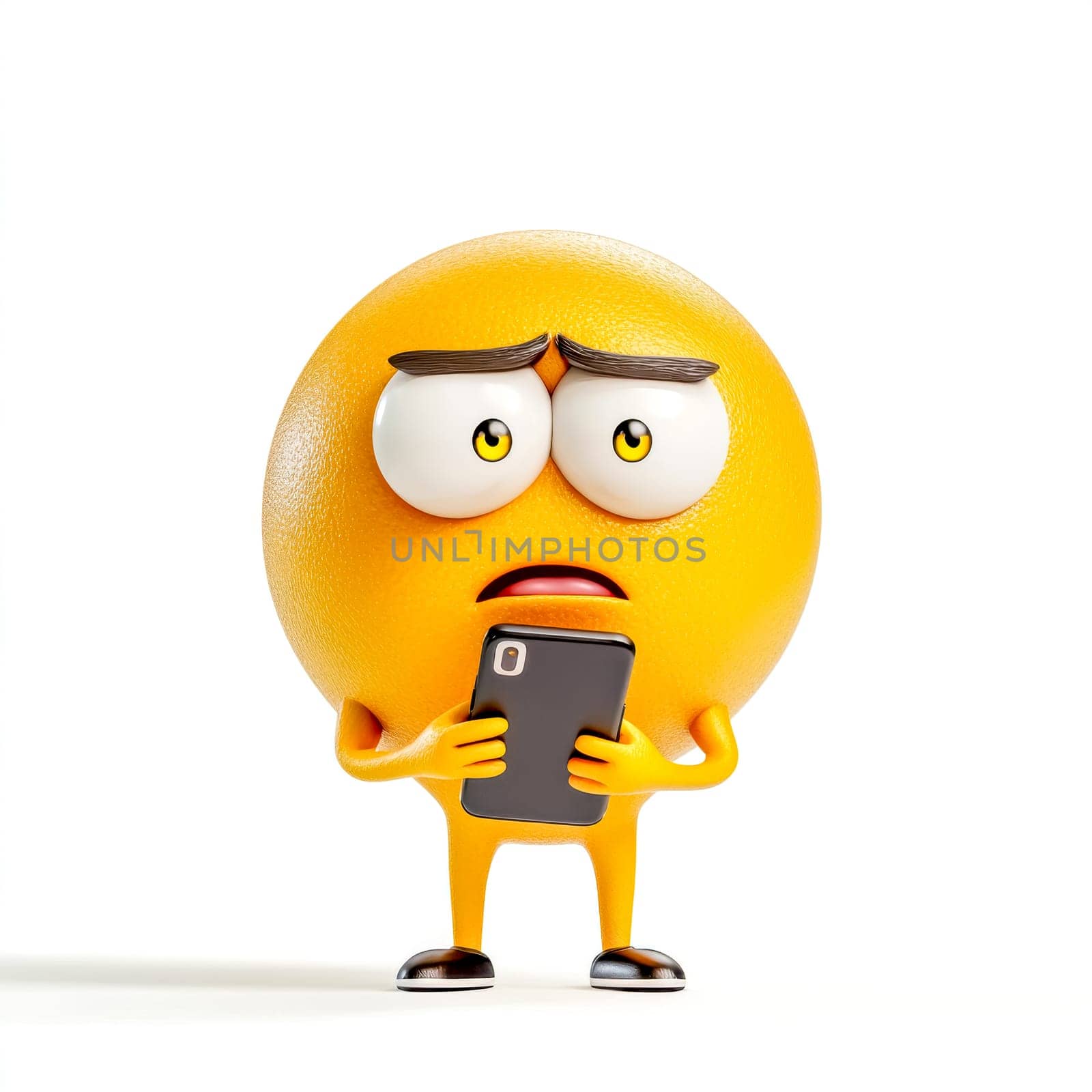 Worried emoji is holding a smartphone, its face expressing anxiety and concern, highlighting the emotional impact of digital communication