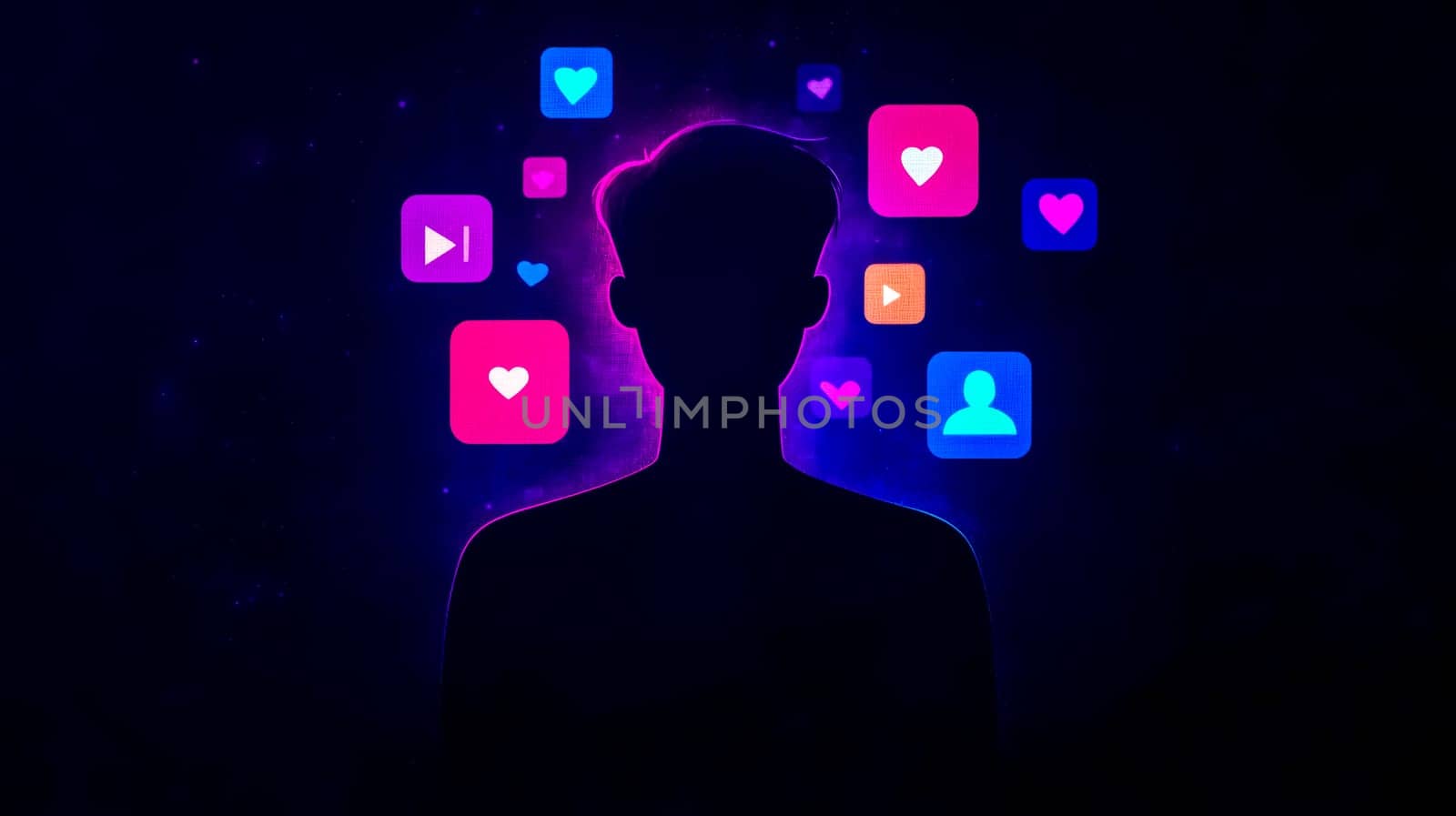 The silhouette of a person is surrounded by colorful social media icons, representing the pervasive influence of digital platforms on thoughts, communication, and online identity in the digital age