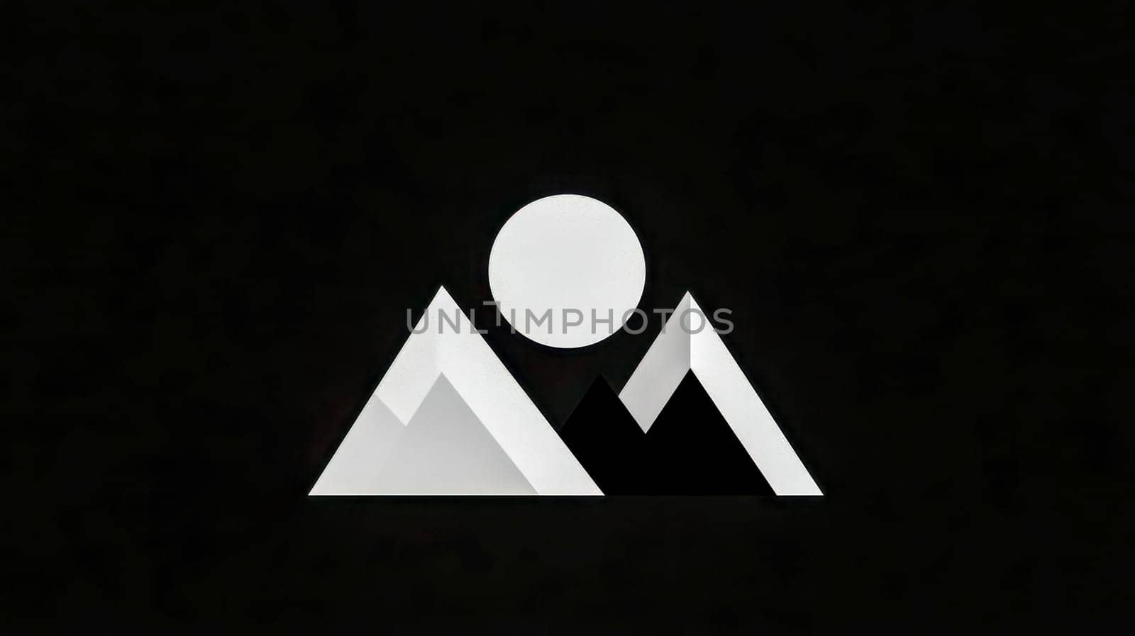 Abstract geometric mountains and sun forming a minimalist logo are displayed on a dark background, representing adventure, nature, and modern design