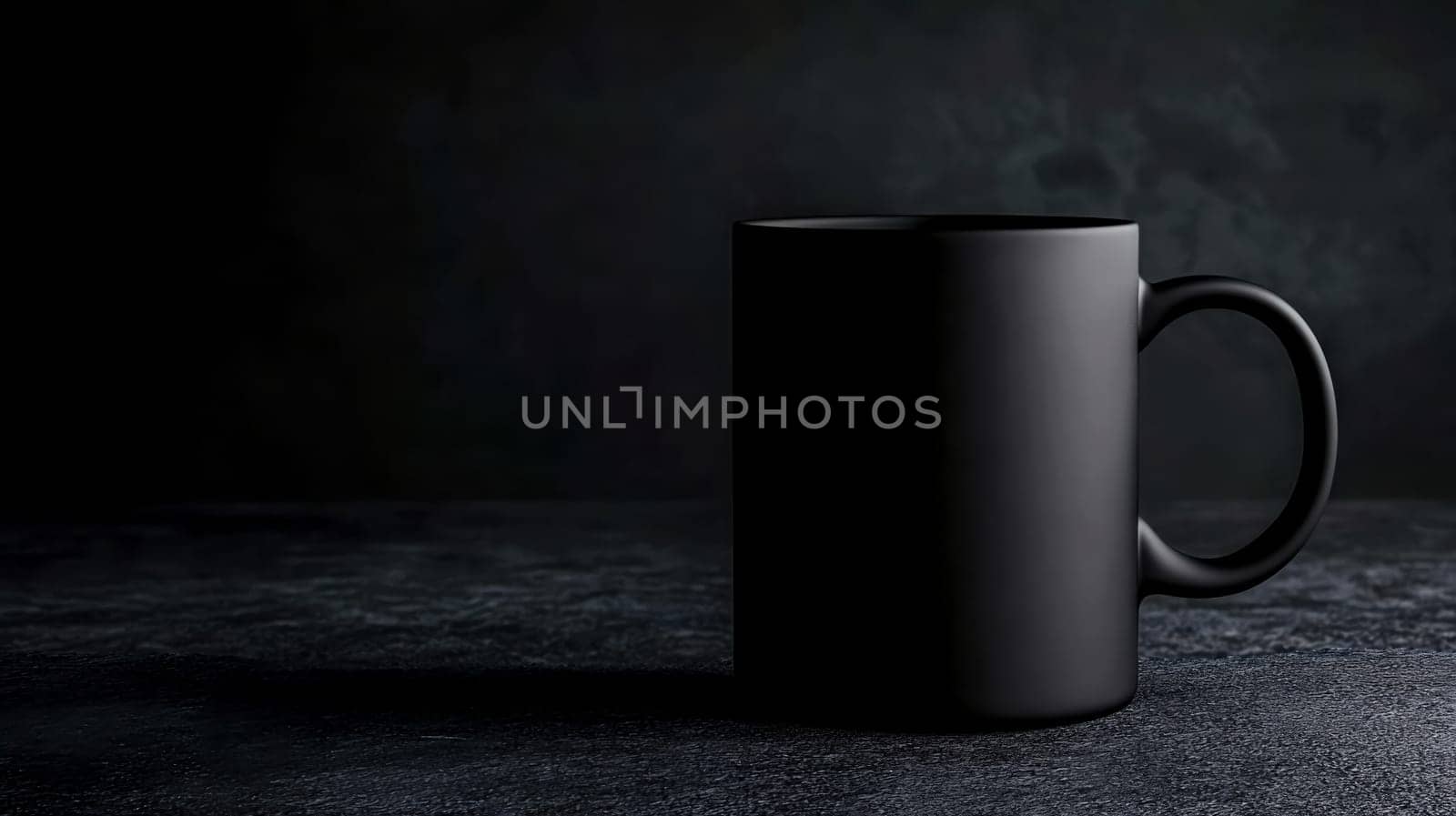 Steaming matte black coffee mug sits on a dark, textured surface, set against a shadowy backdrop, creating a dramatic and minimalist scene with ample copy space