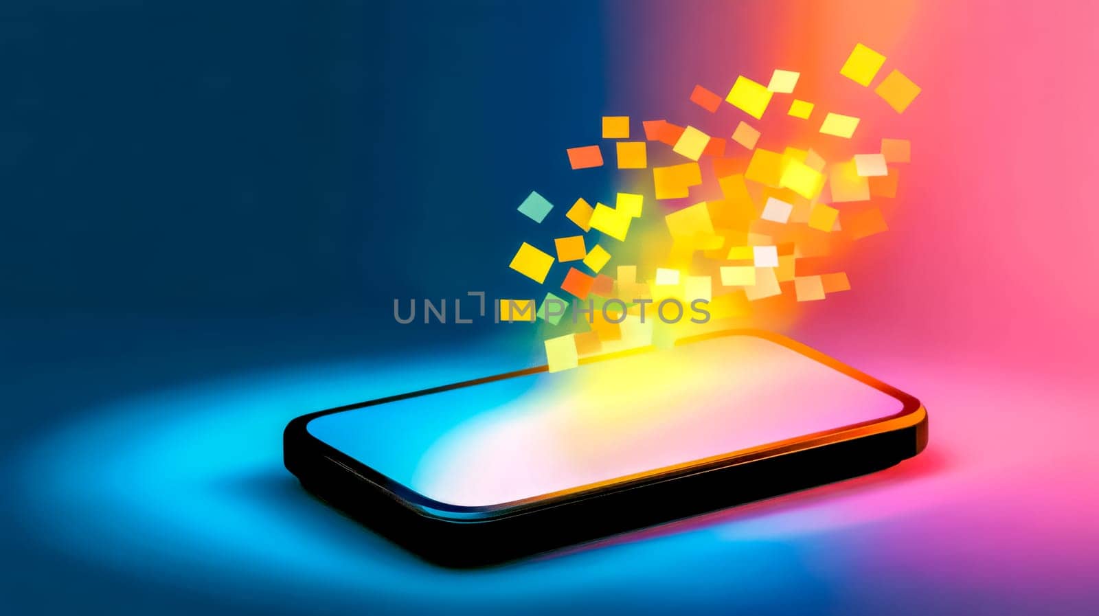 Modern smartphone emitting colorful pixelated fake news headlines, symbolizing the spread of misinformation in the digital age, lies on a vibrant gradient background