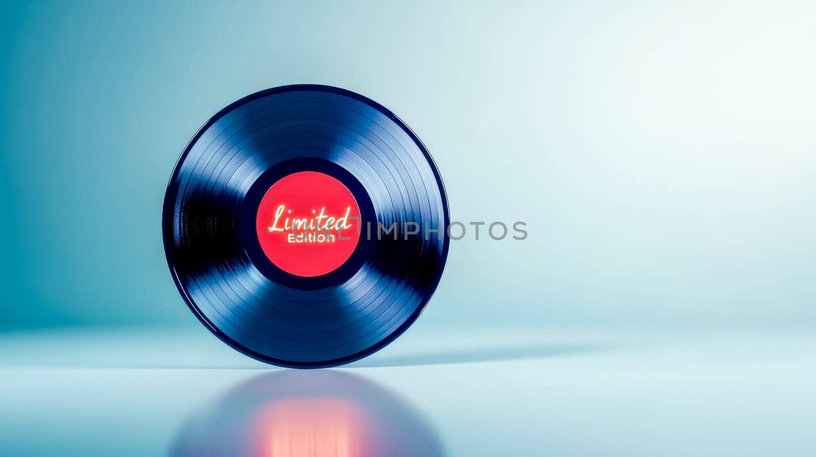 Glowing limited edition vinyl record on a sleek light blue background reflecting the red label, representing exclusive music release and collectible item for audiophiles and music enthusiasts
