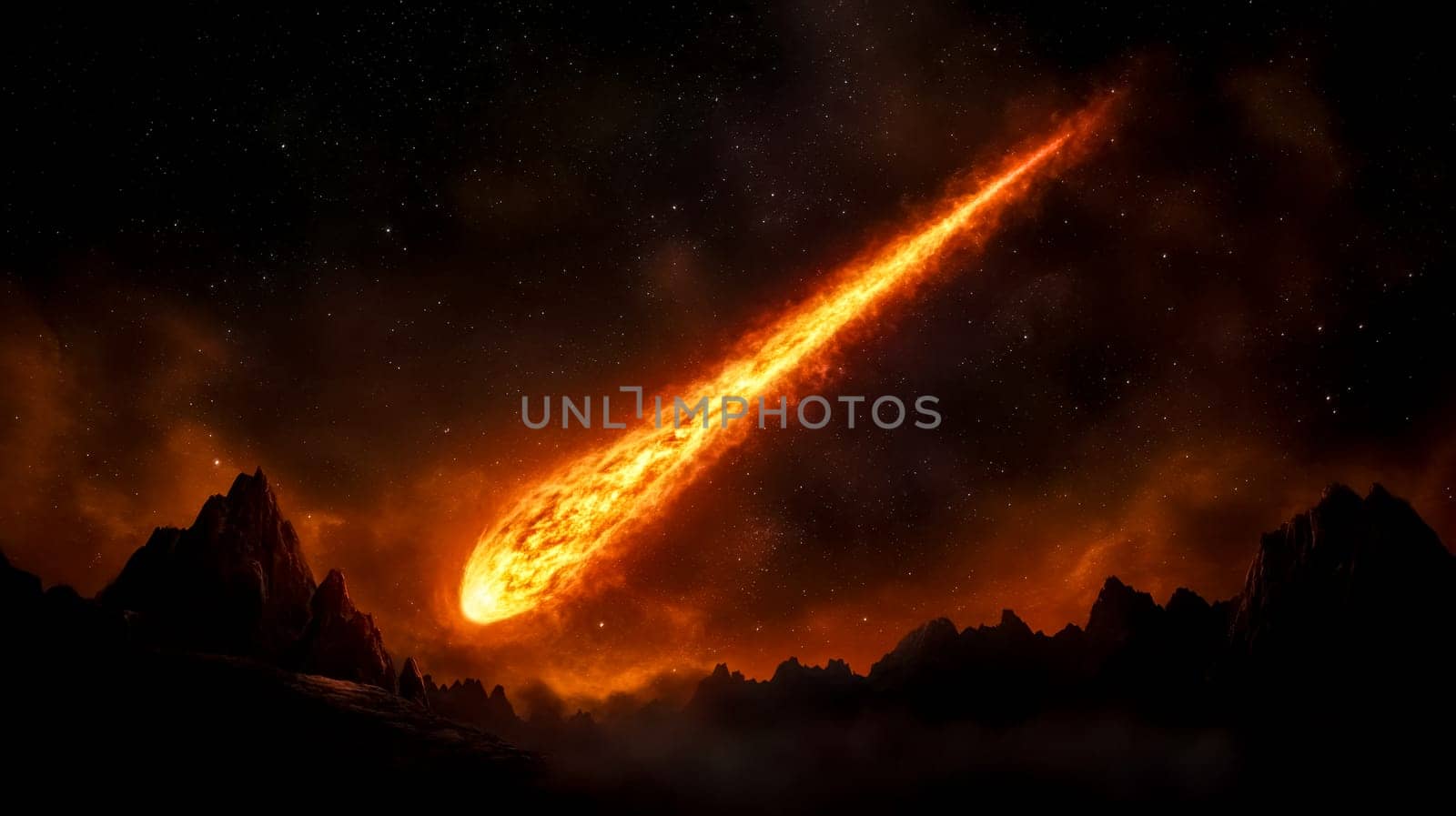 Massive, fiery meteor streaks across the dark night sky, illuminating the silhouettes of mountains below with an intense orange glow, creating a dramatic and apocalyptic scene