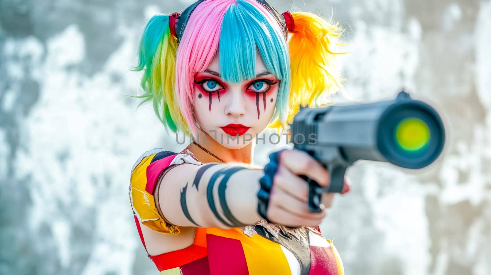 Cosplayer with colorful hair and makeup, reminiscent of a comic book character, aiming a gun with a determined expression, creating a striking and dynamic image