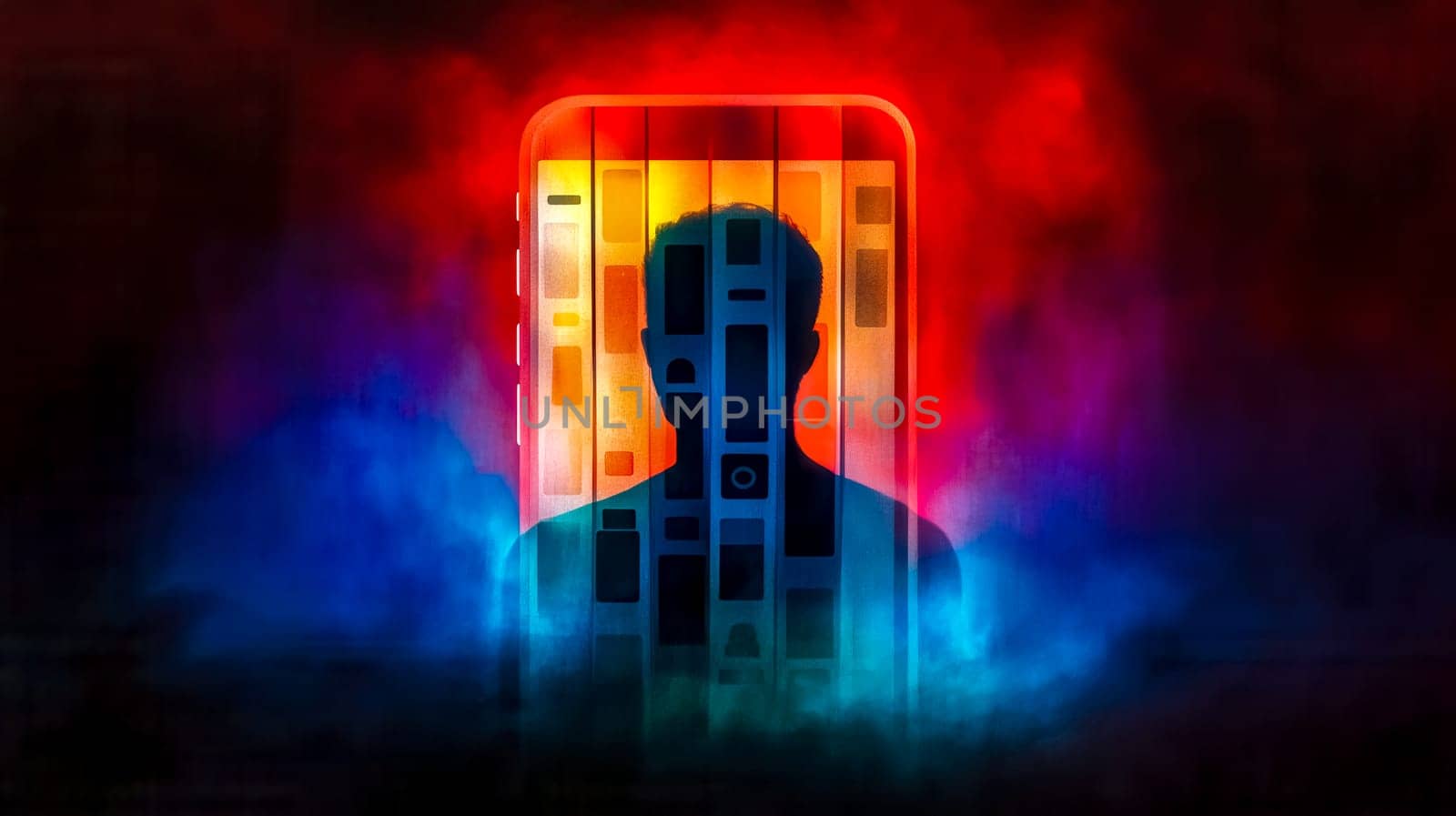Silhouette of person trapped inside glowing smartphone screen showing social media icons, representing internet addiction, social media obsession, and the metaverse