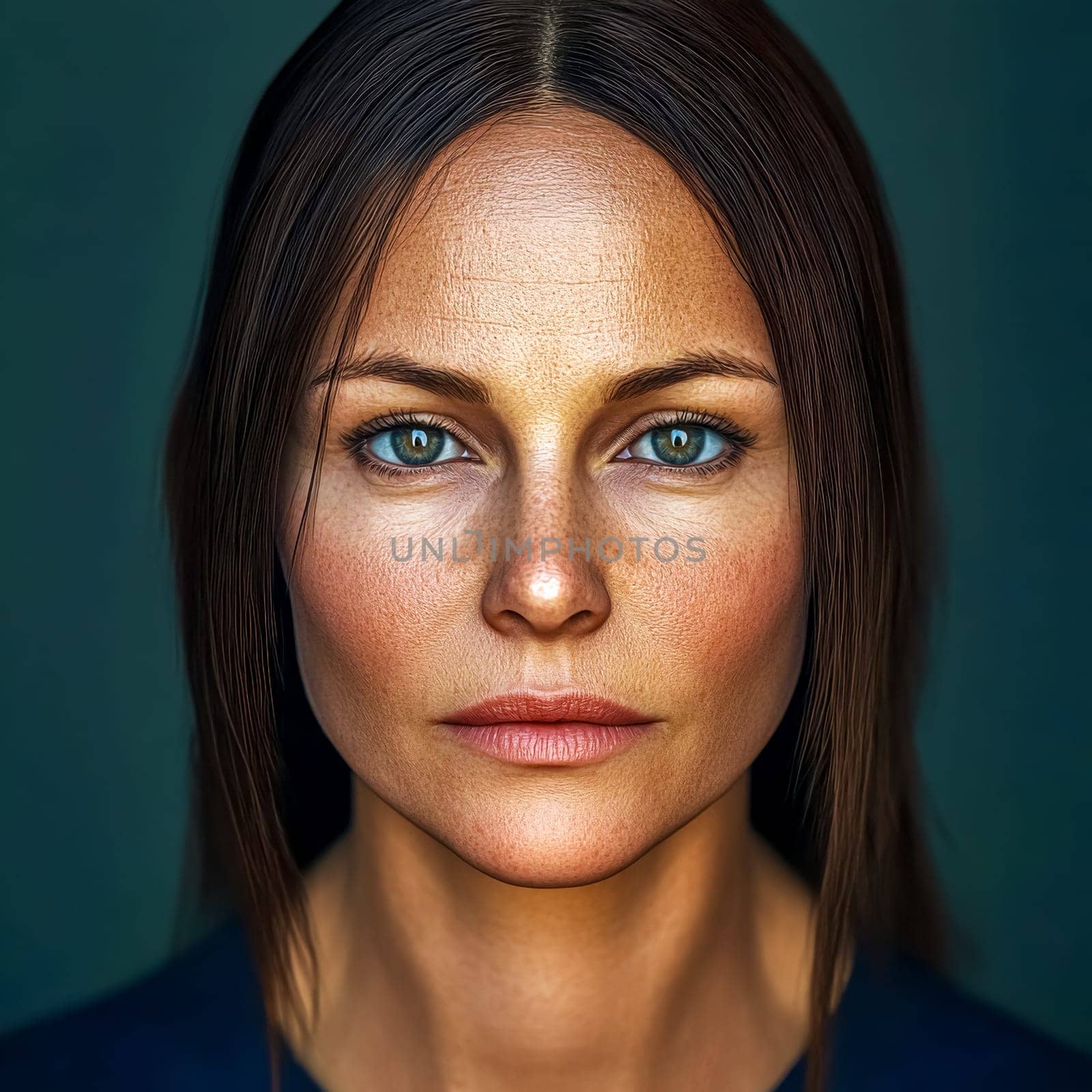 Photorealistic portrait of a woman with freckles, blue eyes and parted brown hair, conveying confidence, determination, and a sense of serenity against a teal background