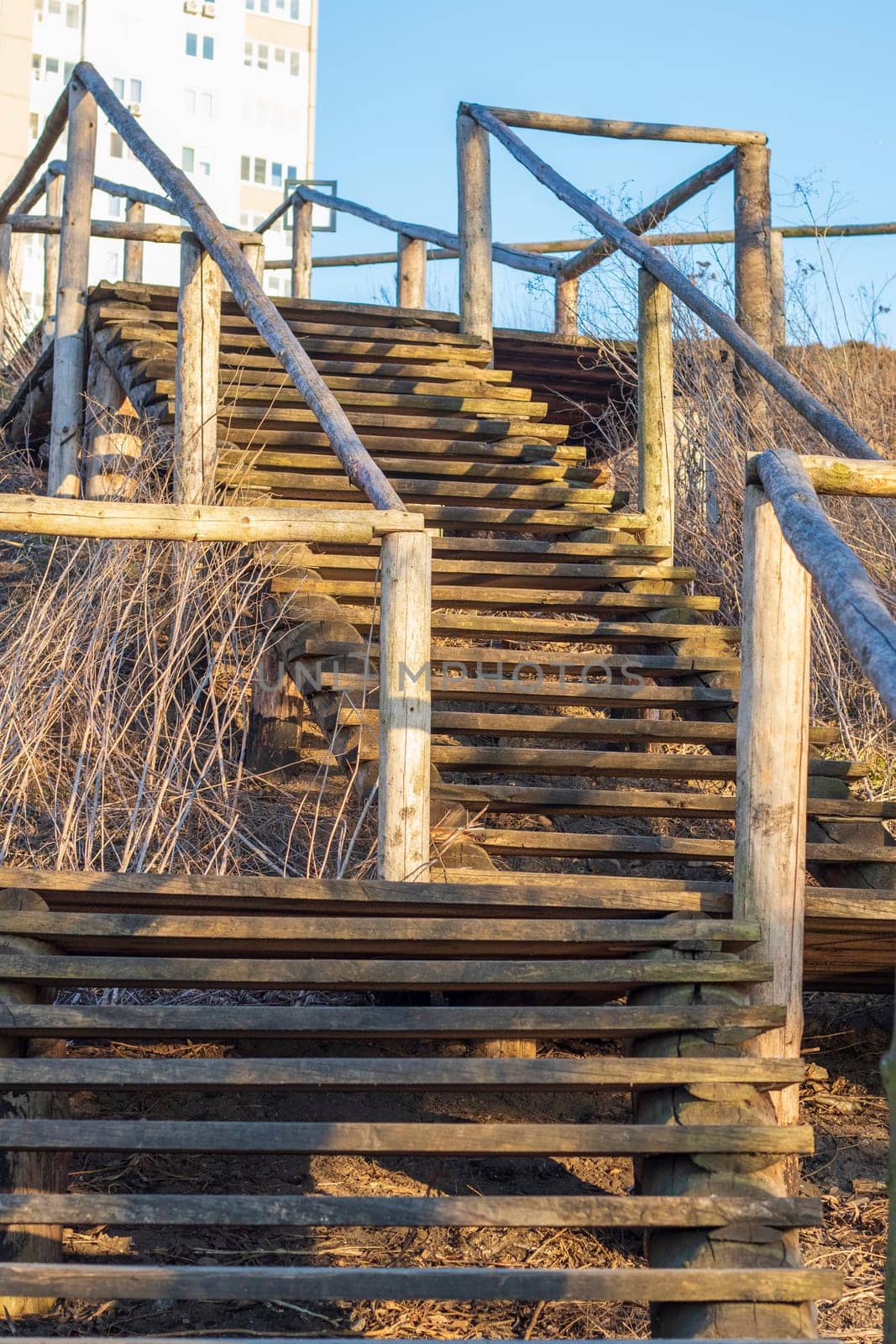 Concept shot of the wooden steps outdoor