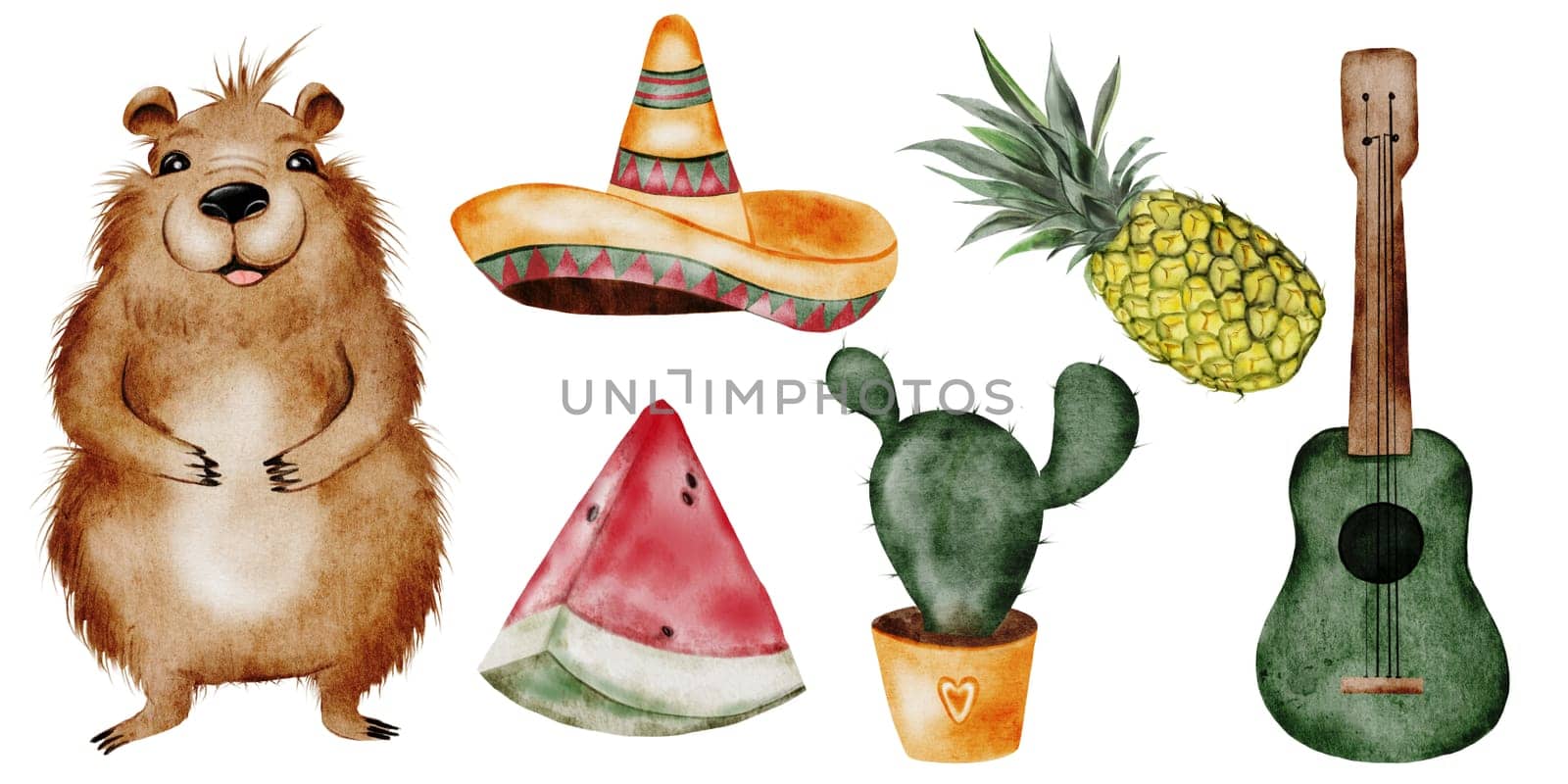Capybara watercolor set. A funny cartoon animal, mexican sombrero hat, watermelon and cactus. Cute water pig hand drawing on isolated white background. Clip art of a friendly guinea pig. Ideal for stickers, posters and cards. High quality illustration
