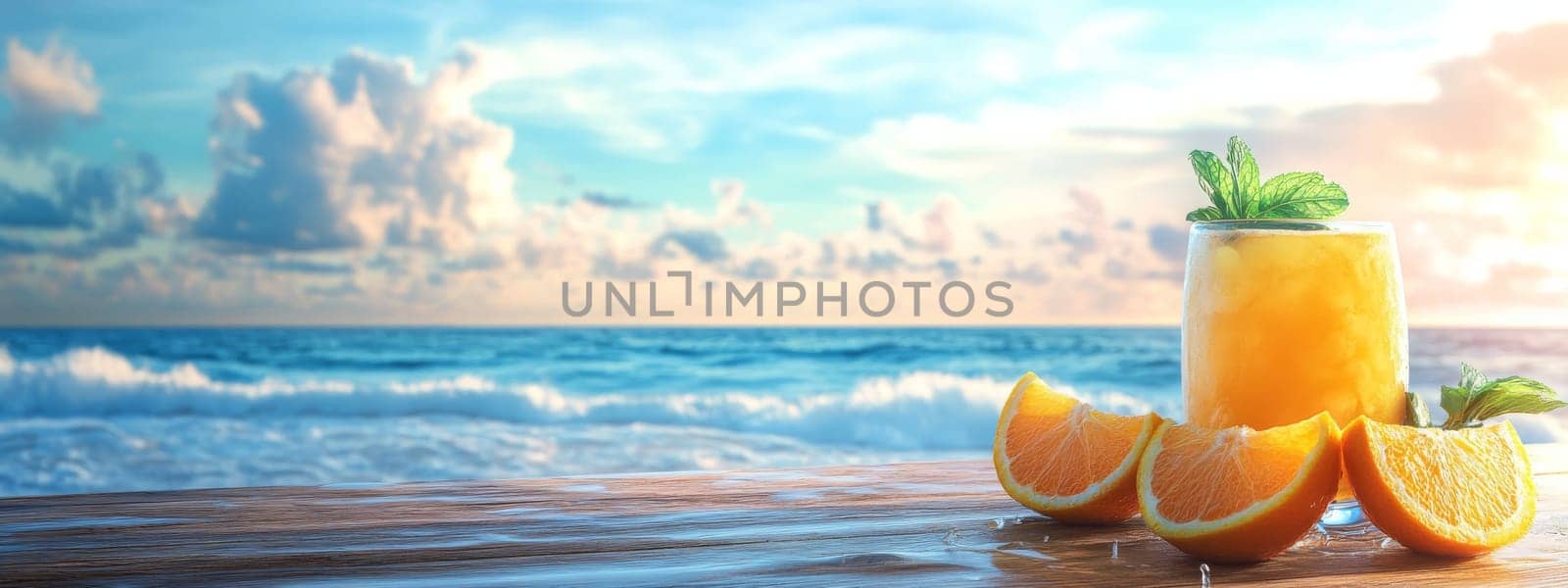 Summer on the beach and refreshing cold orange juice , Generative AI, drink