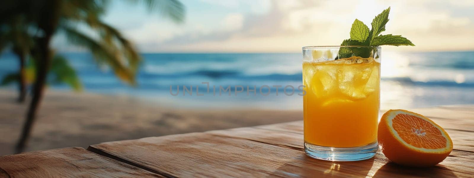 Summer on the beach and refreshing cold orange juice , Generative AI, drink