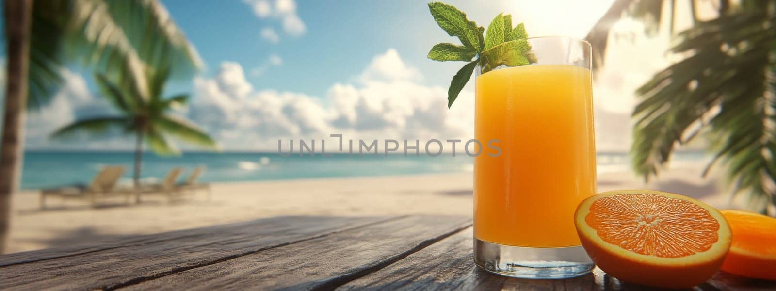 Summer on the beach and refreshing cold orange juice , Generative AI, drink