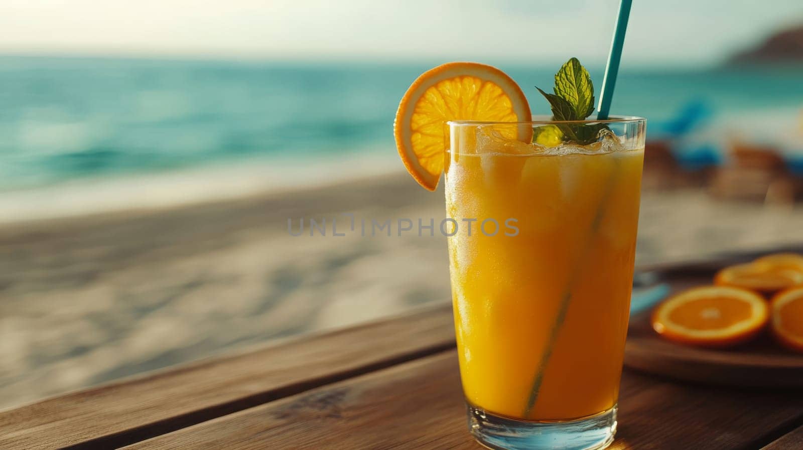 Summer on the beach and refreshing cold orange juice , Generative AI, drink
