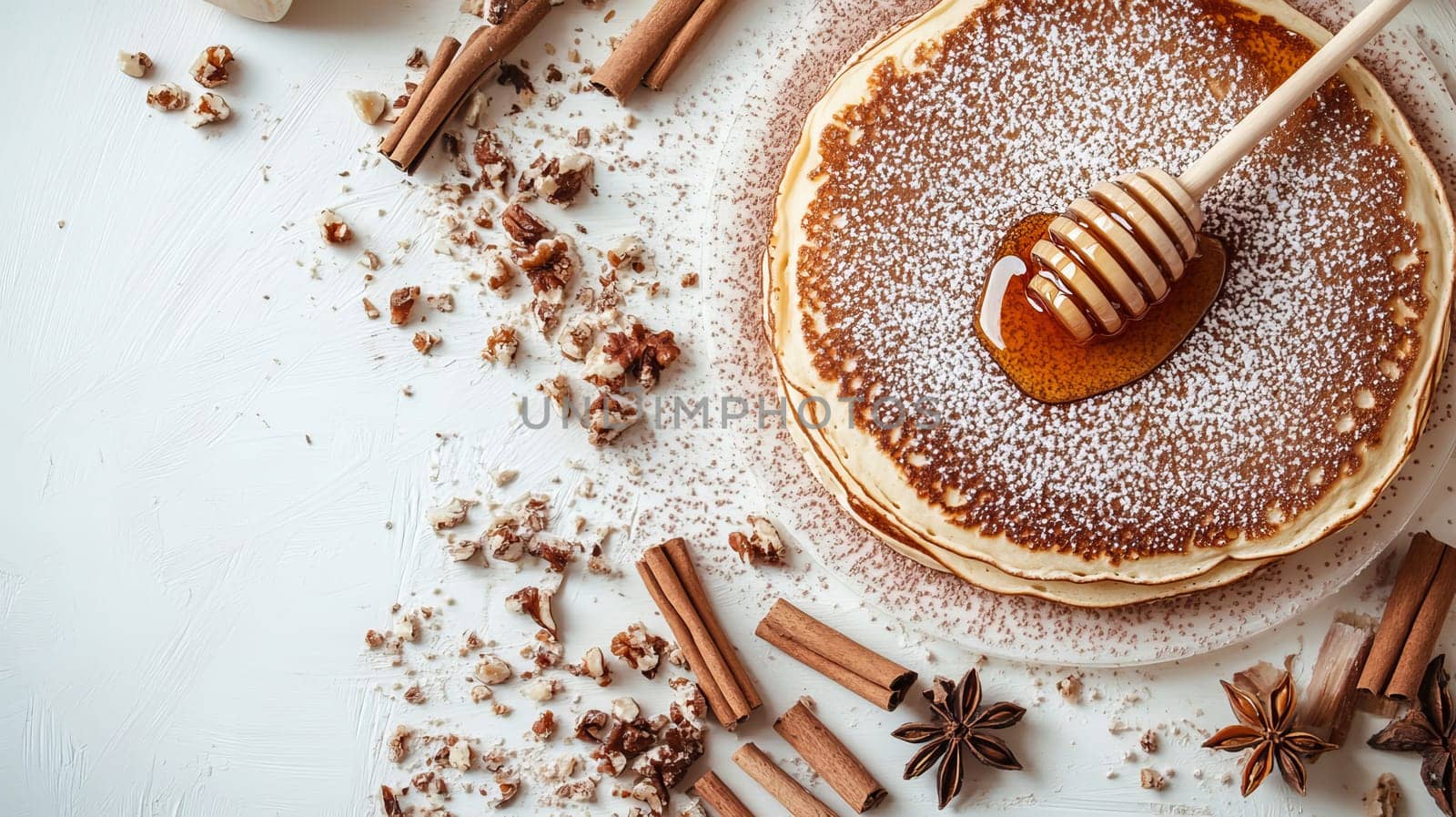 pancakes with honey on a wooden table, Generative AI,