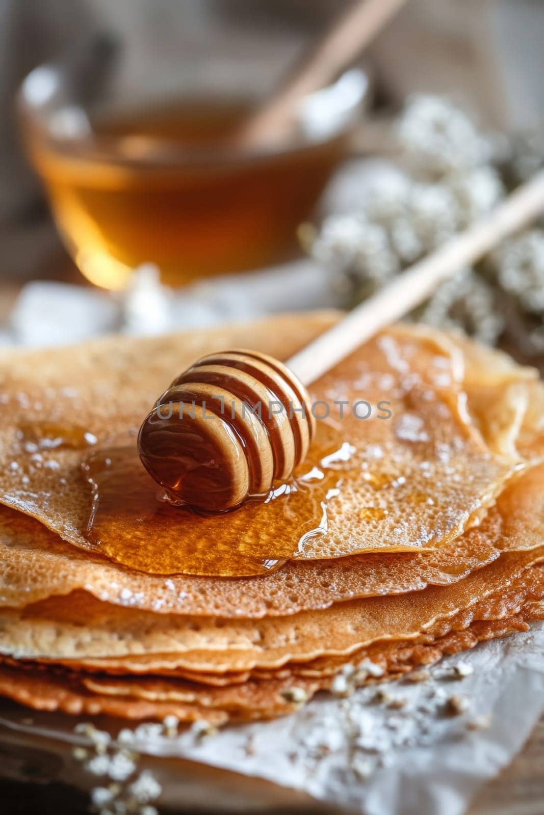 pancakes with honey on a wooden table, Generative AI,