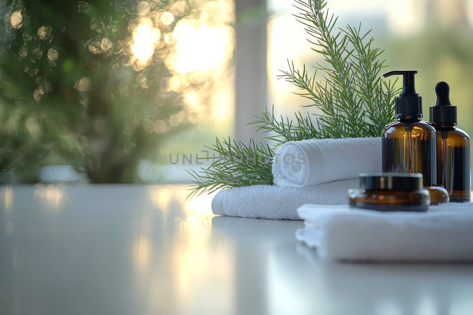 A calming spa arrangement features amber bottles, towels, and fresh green foliage, set against a soft background illuminated by warm golden light.