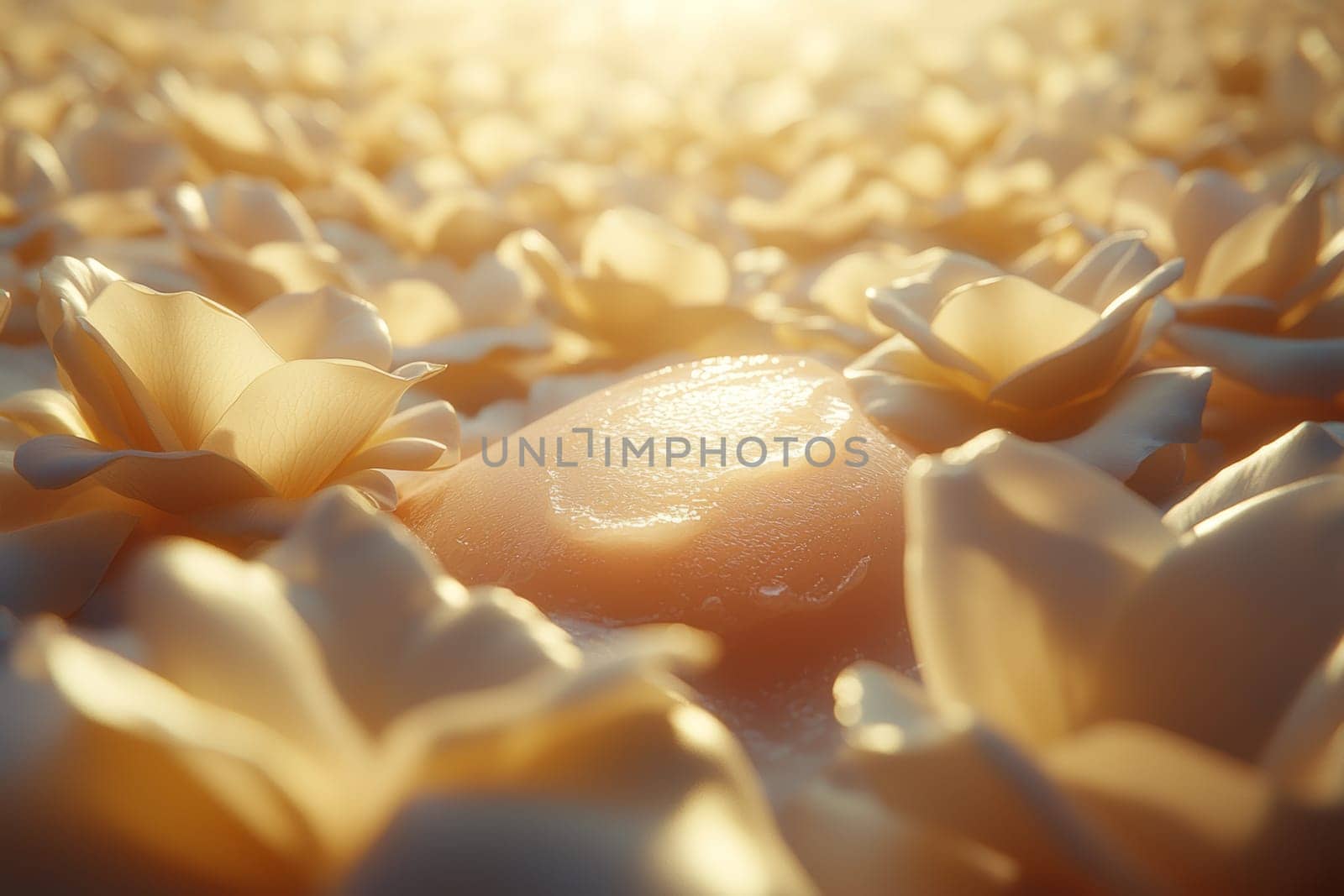 Delicate petals envelop a single droplet of water, reflecting soft light in a tranquil garden setting during the golden hour of sunset.