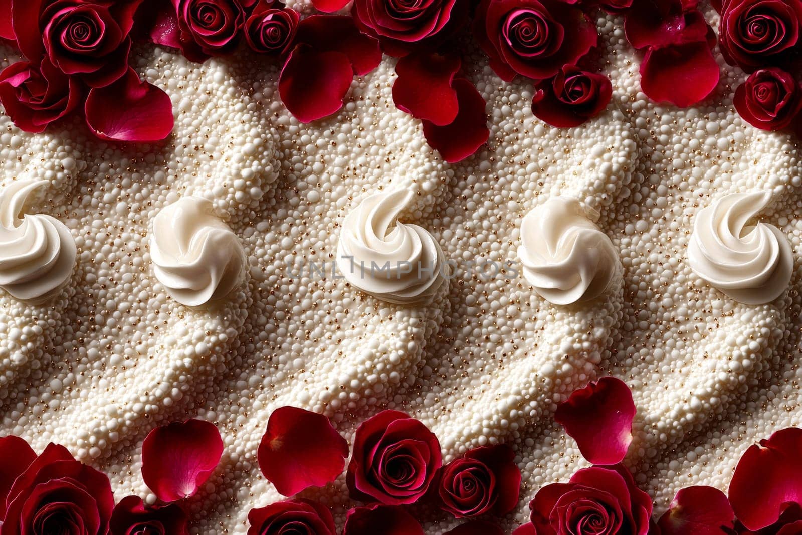 A lavish arrangement features creamy swirls atop a sandy base, surrounded by vibrant red rose petals. This artistic setup creates a romantic atmosphere.